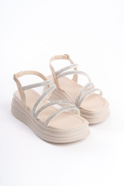 RILEY Thin Buckled Stoned Striped Orthopedic Sole Women's Sandals - KT Cream
