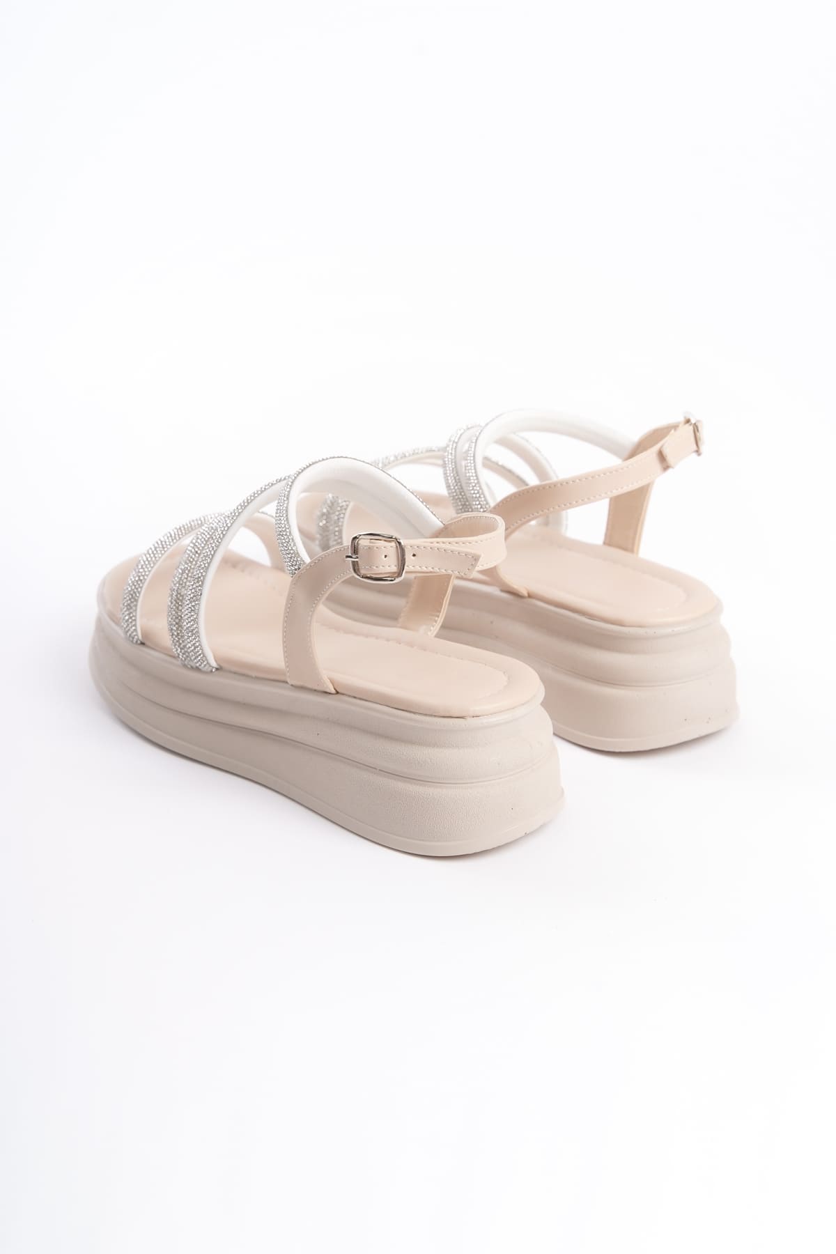 RILEY Thin Buckled Stoned Striped Orthopedic Sole Women's Sandals - KT Cream
