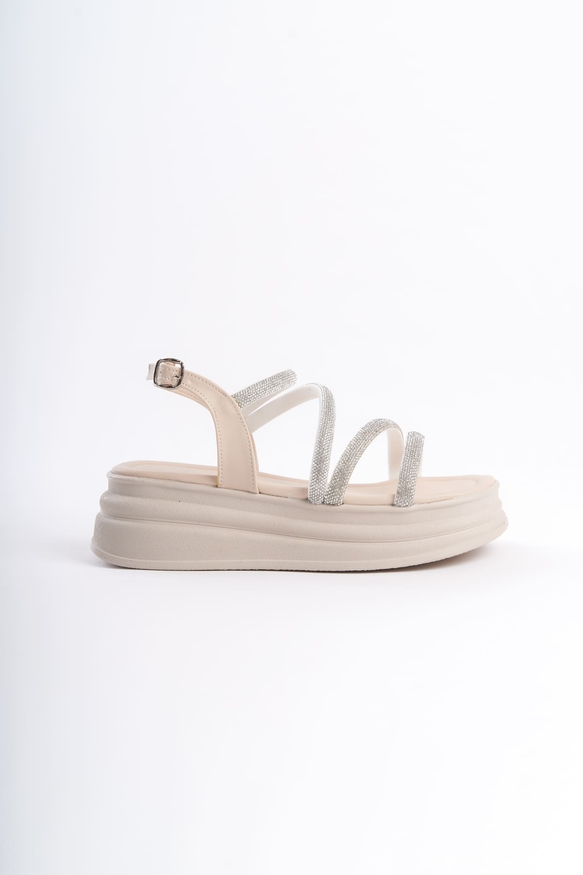 RILEY Thin Buckled Stoned Striped Orthopedic Sole Women's Sandals - KT Cream