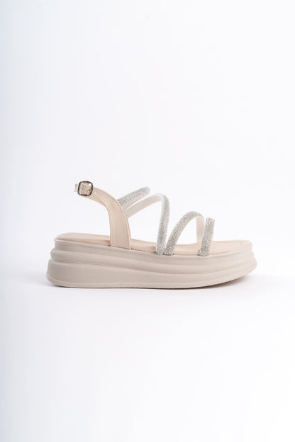 RILEY Thin Buckled Stoned Striped Orthopedic Sole Women's Sandals - KT Cream