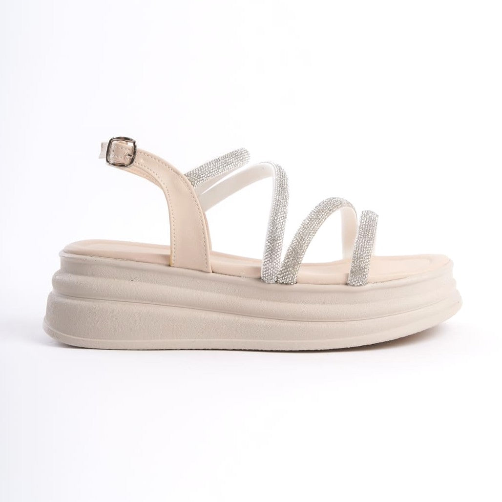 RILEY Thin Buckled Stoned Striped Orthopedic Sole Women's Sandals - KT Cream