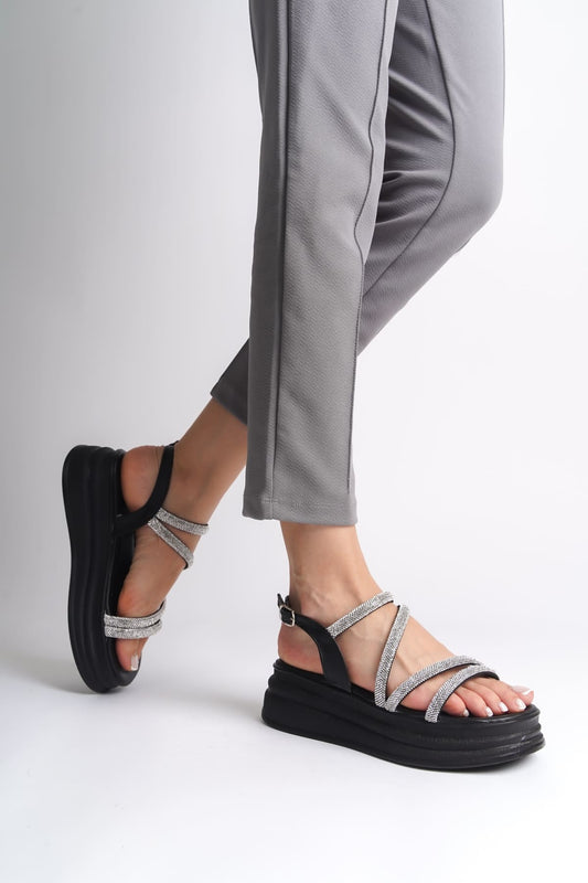 RILEY Thin Buckled Stoned Striped Orthopedic Sole Women's Sandals - ST Black