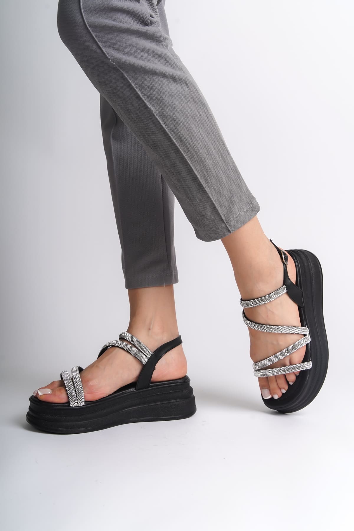 RILEY Thin Buckled Stoned Striped Orthopedic Sole Women's Sandals - ST Black