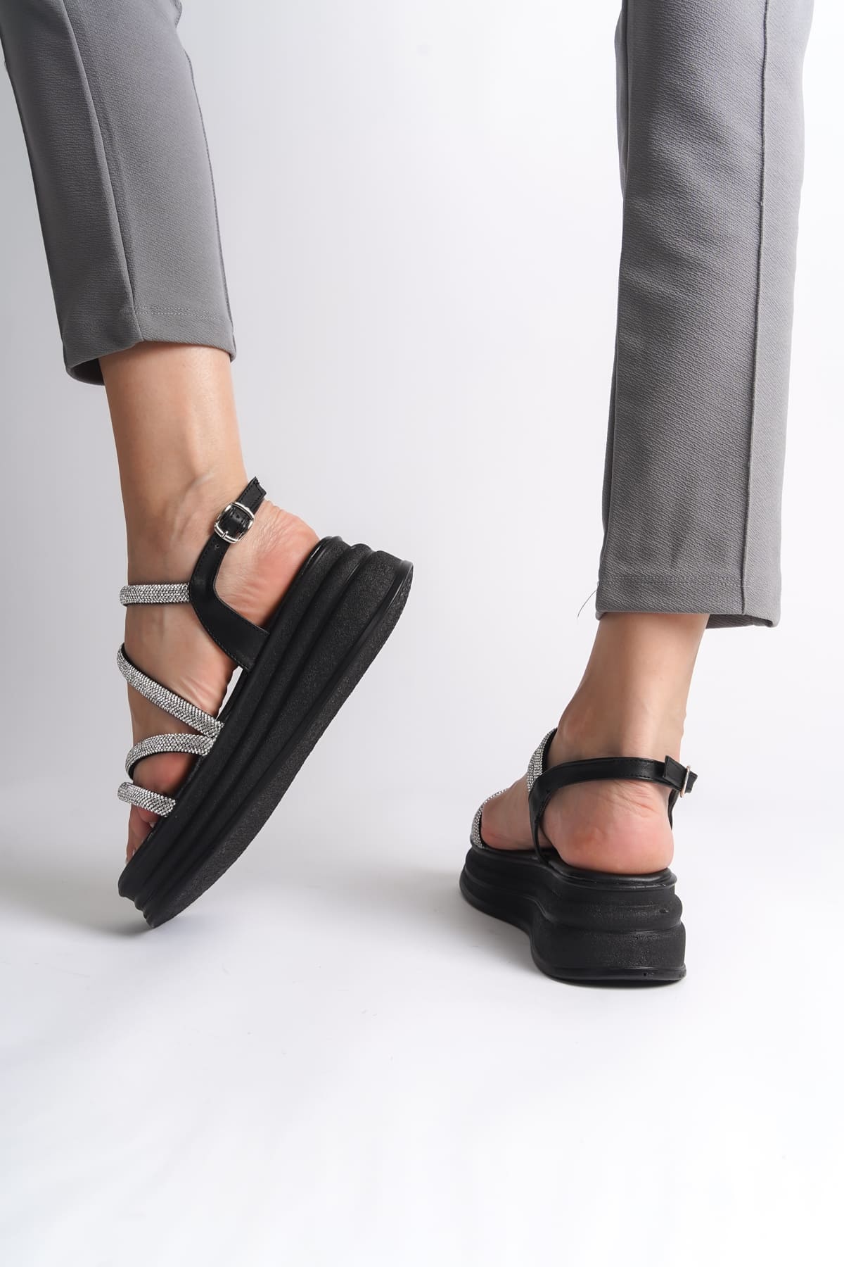 RILEY Thin Buckled Stoned Striped Orthopedic Sole Women's Sandals - ST Black