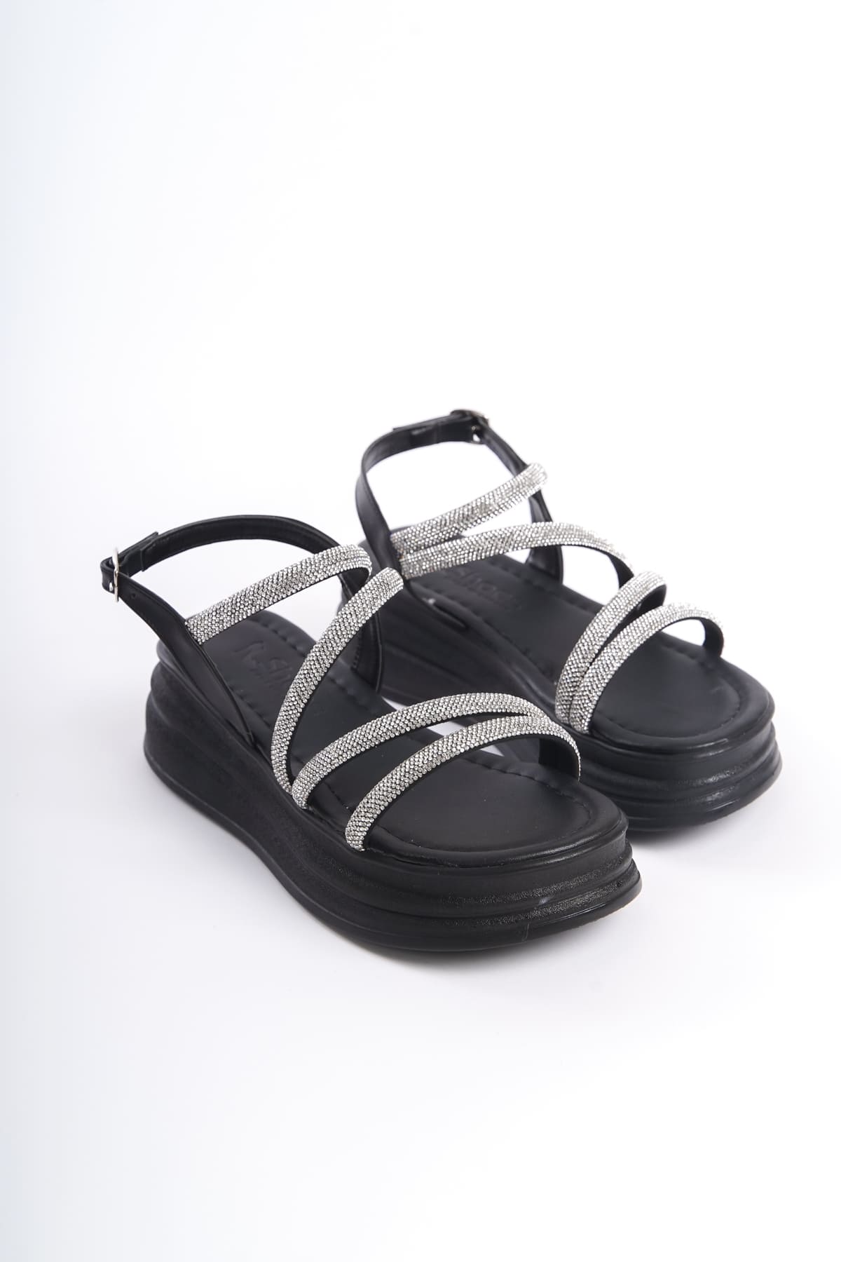 RILEY Thin Buckled Stoned Striped Orthopedic Sole Women's Sandals - ST Black