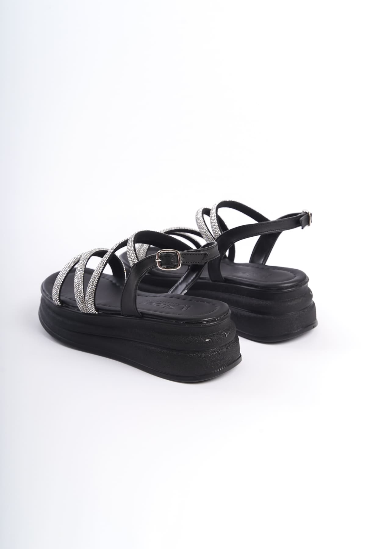 RILEY Thin Buckled Stoned Striped Orthopedic Sole Women's Sandals - ST Black