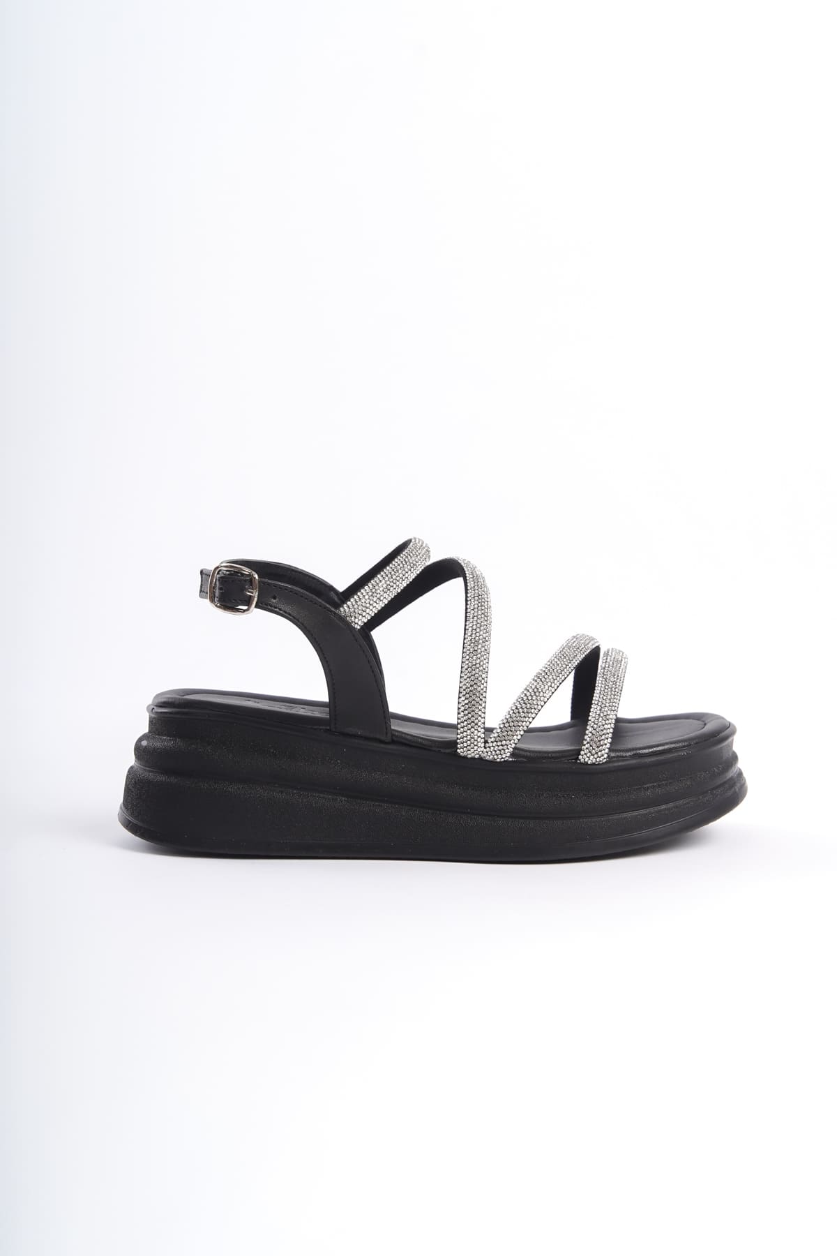 RILEY Thin Buckled Stoned Striped Orthopedic Sole Women's Sandals - ST Black