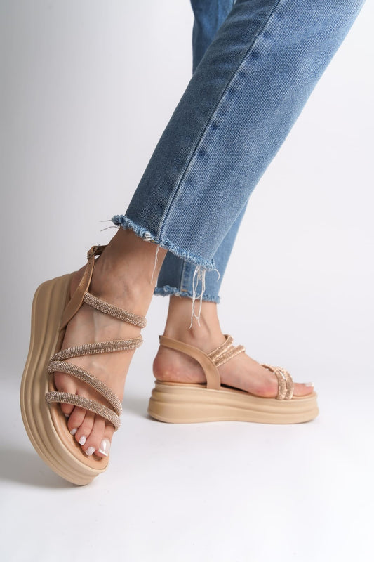 RILEY Thin Buckled Stoned Striped Orthopedic Sole Women's Sandals - TT Ten