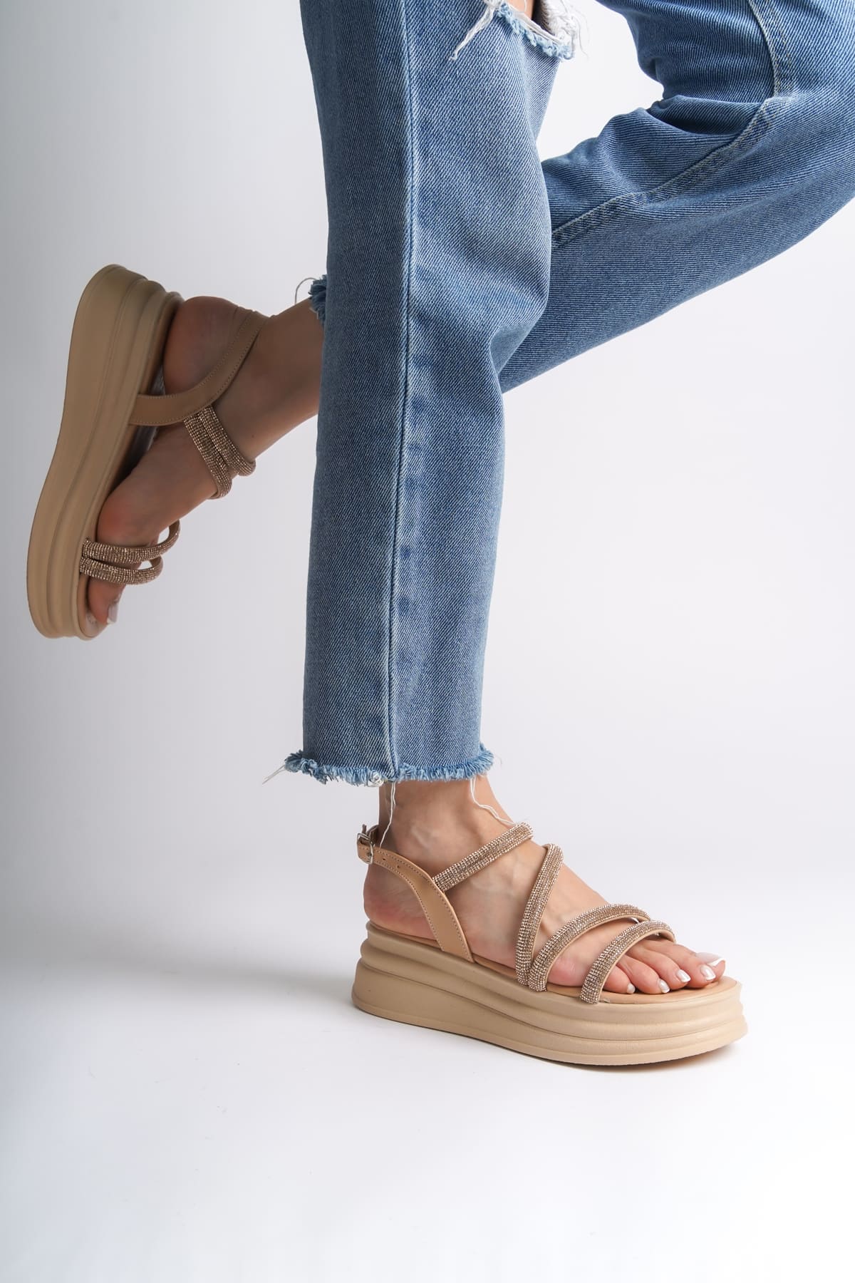RILEY Thin Buckled Stoned Striped Orthopedic Sole Women's Sandals - TT Ten