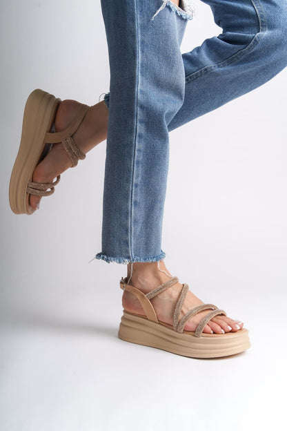 RILEY Thin Buckled Stoned Striped Orthopedic Sole Women's Sandals - TT Ten
