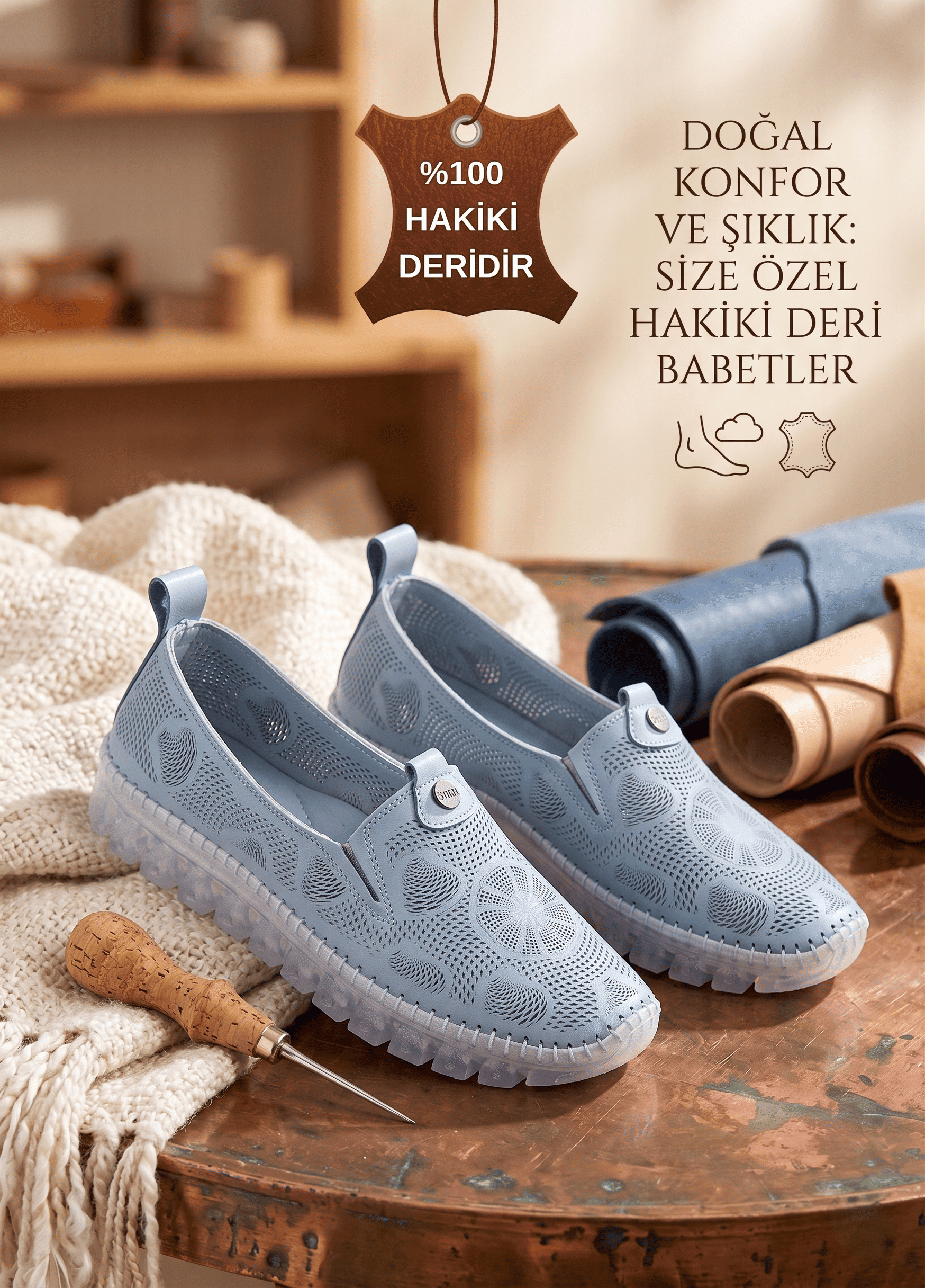 Mostar Premium Hakiki Deri Tam Ortopedik Mavi Babet