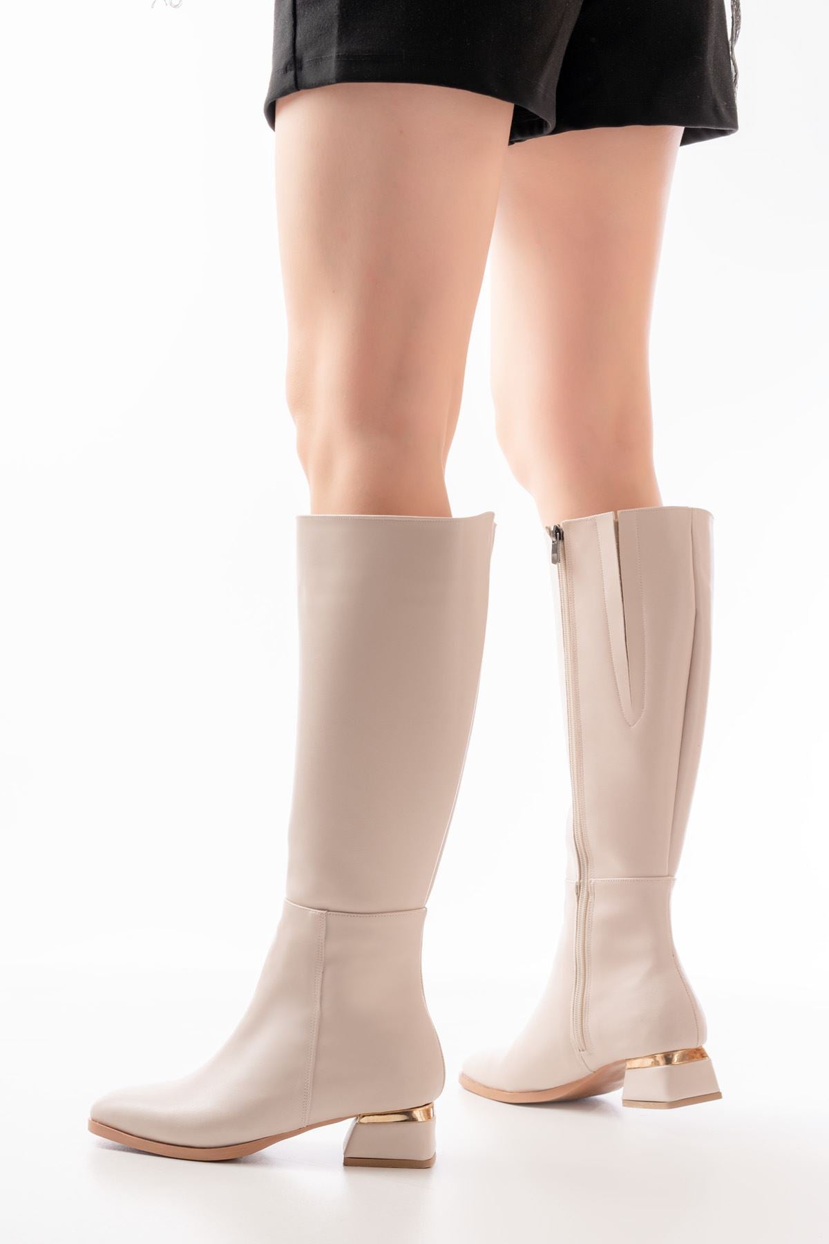 ZRİN-505 Premium Bej Topuklu Fermuarlı Günlük Kadın Çizme