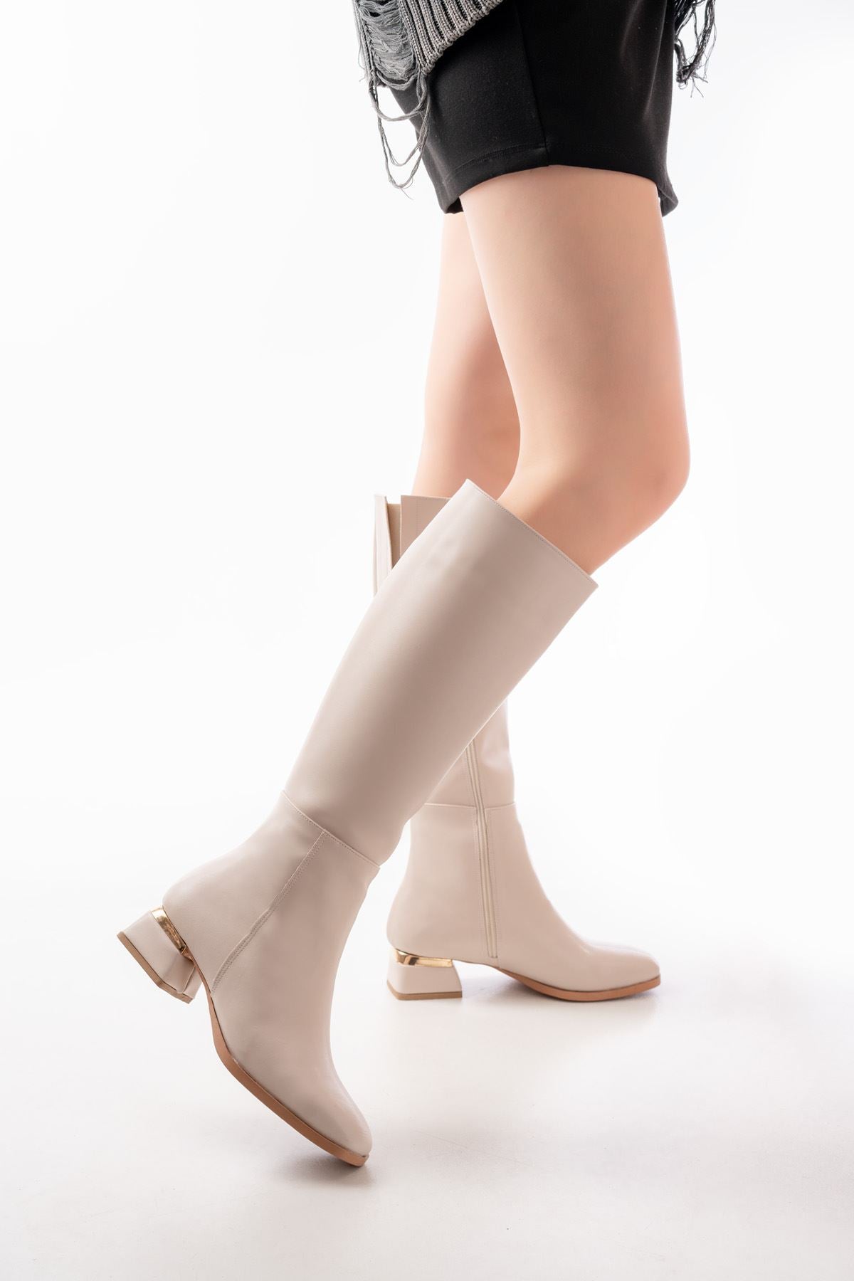 ZRİN-505 Premium Bej Topuklu Fermuarlı Günlük Kadın Çizme