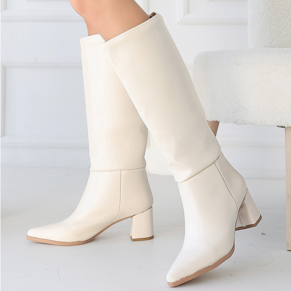 Roksa Premium Sivri Burun Topuklu Ten Çizme