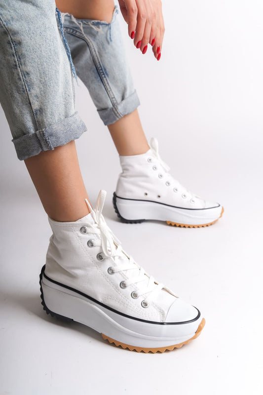 VENICE Lace-Up Orthopedic Sole High-Top Linen Women's Sneaker - White