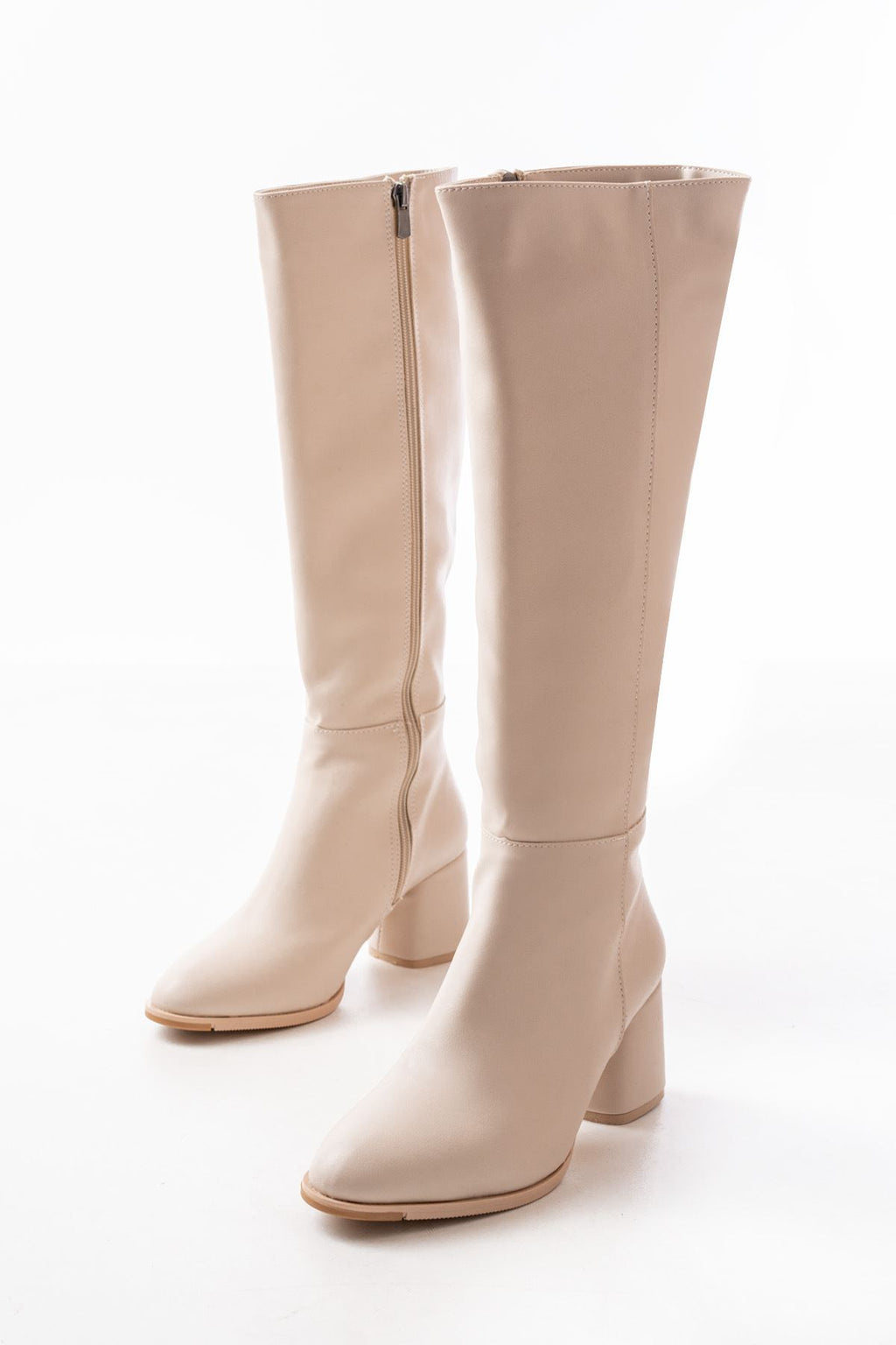 ZRİN-2432 Premium Bej Topuklu Fermuarlı Günlük Kadın Çizme