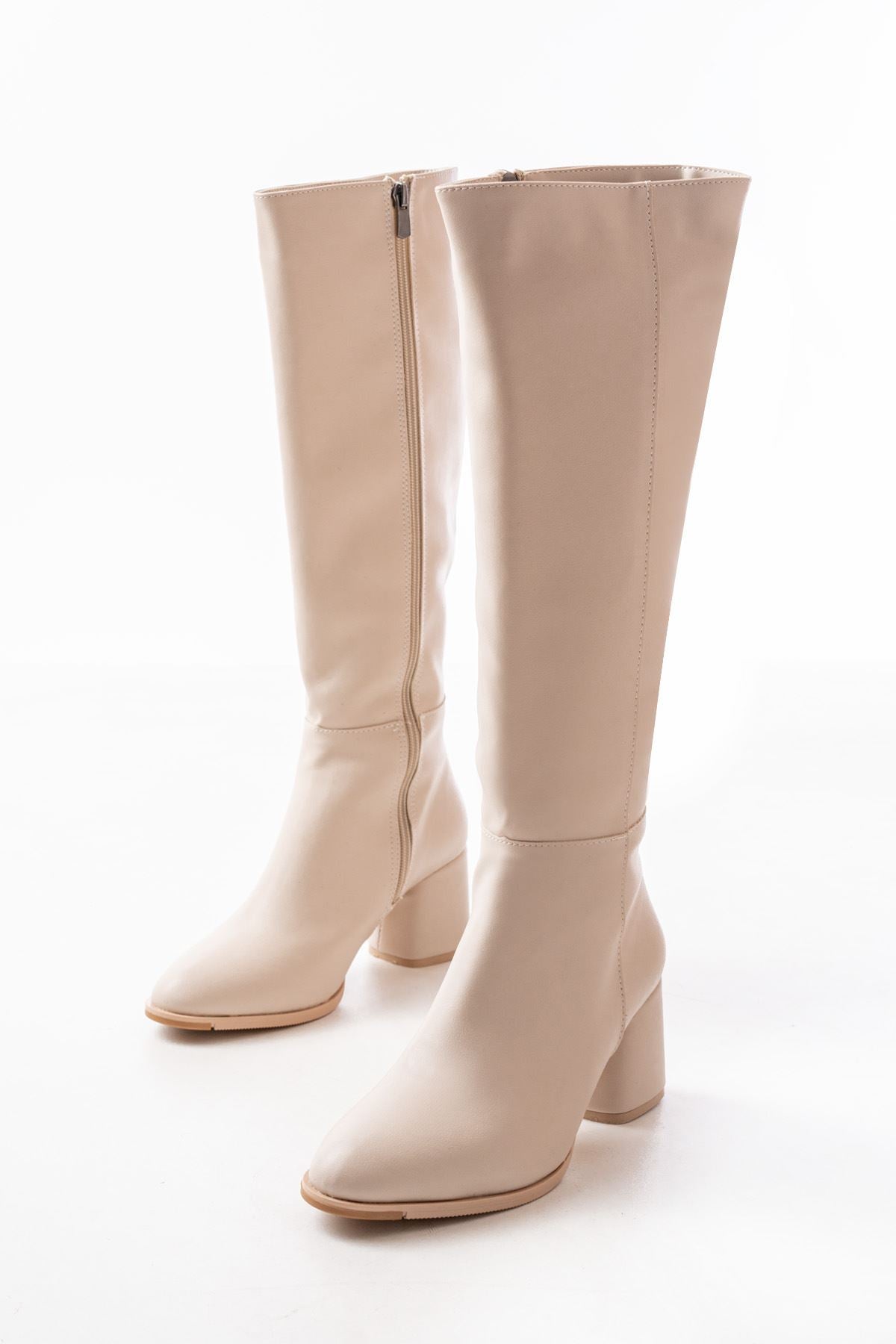 ZRİN-2432 Premium Bej Topuklu Fermuarlı Günlük Kadın Çizme