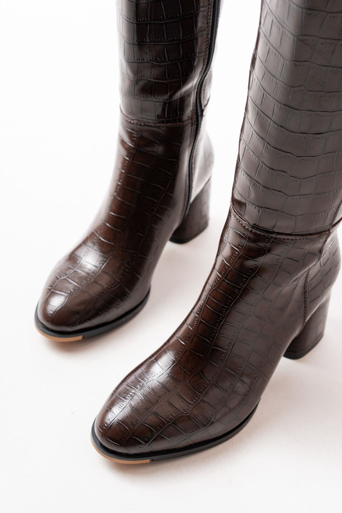 ZRİN-2432 Premium Kahverengi Kroko Topuklu Fermuarlı Günlük Kadın Çizme