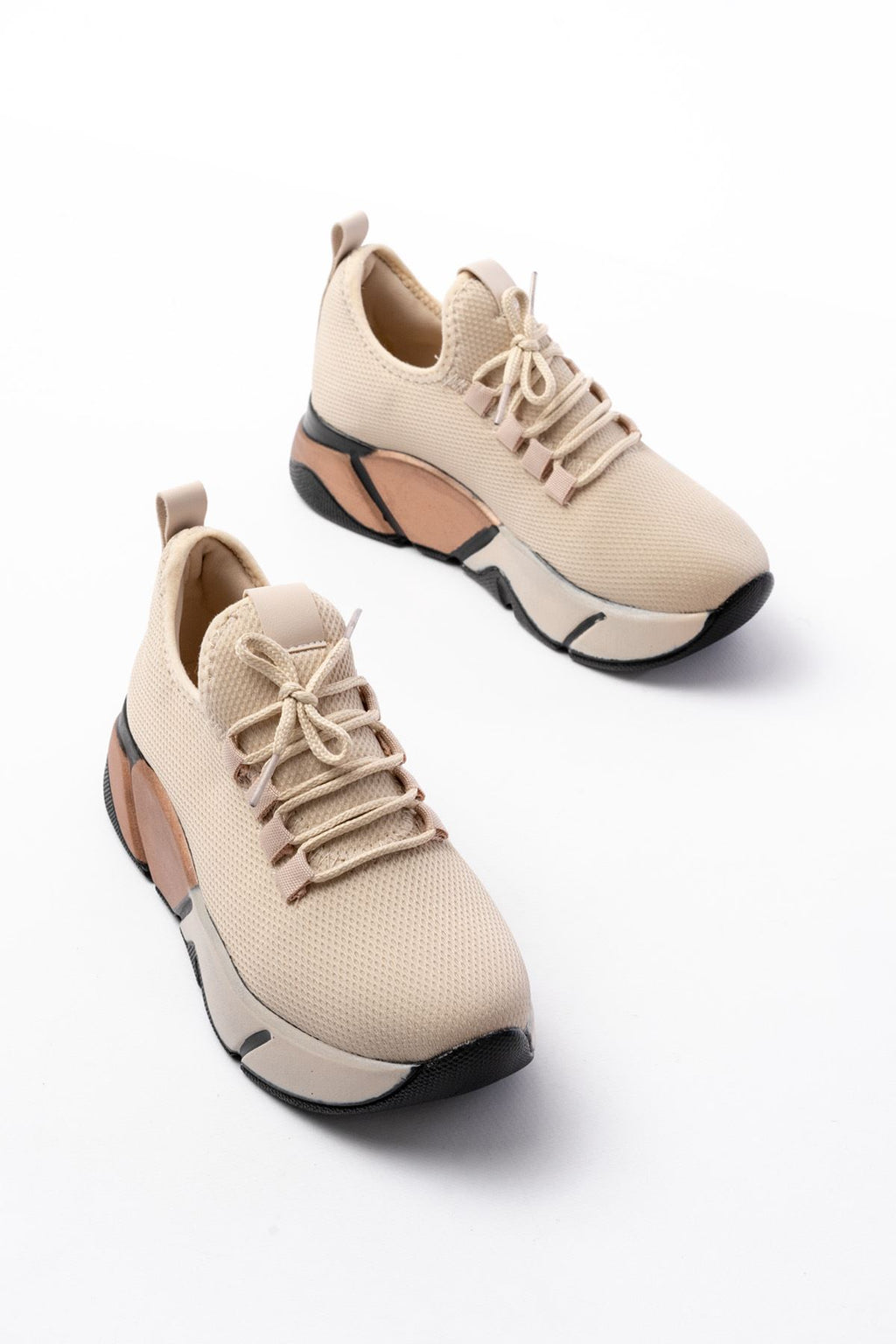 ZRİNS-400 Premium Bej Bağcıklı Triko Renkli Taban Kadın Sneaker