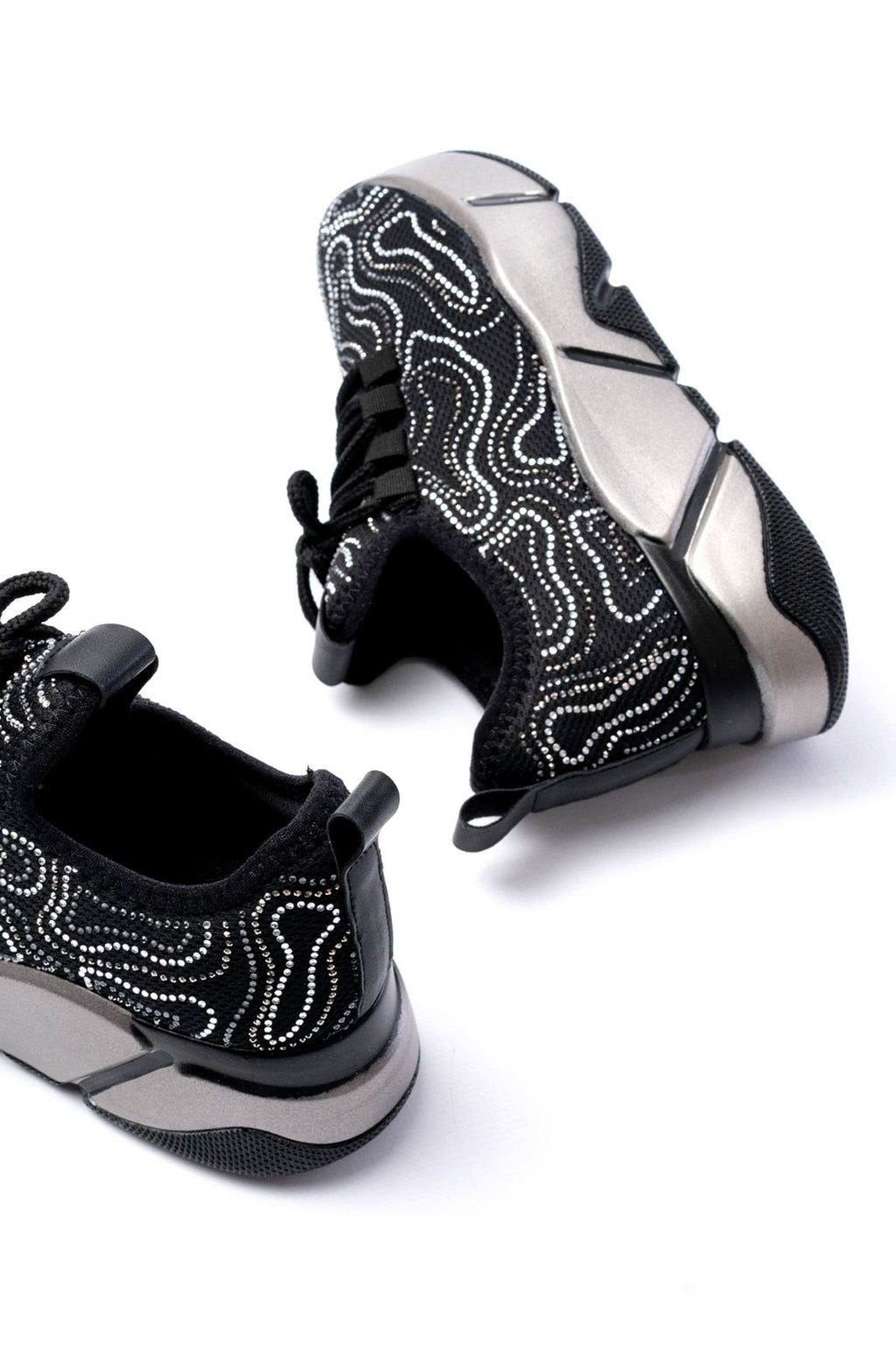 ZRİNRS-402 Premium Siyah Bağcıklı Fileli Taşlı Platin Taban Kadın Sneaker