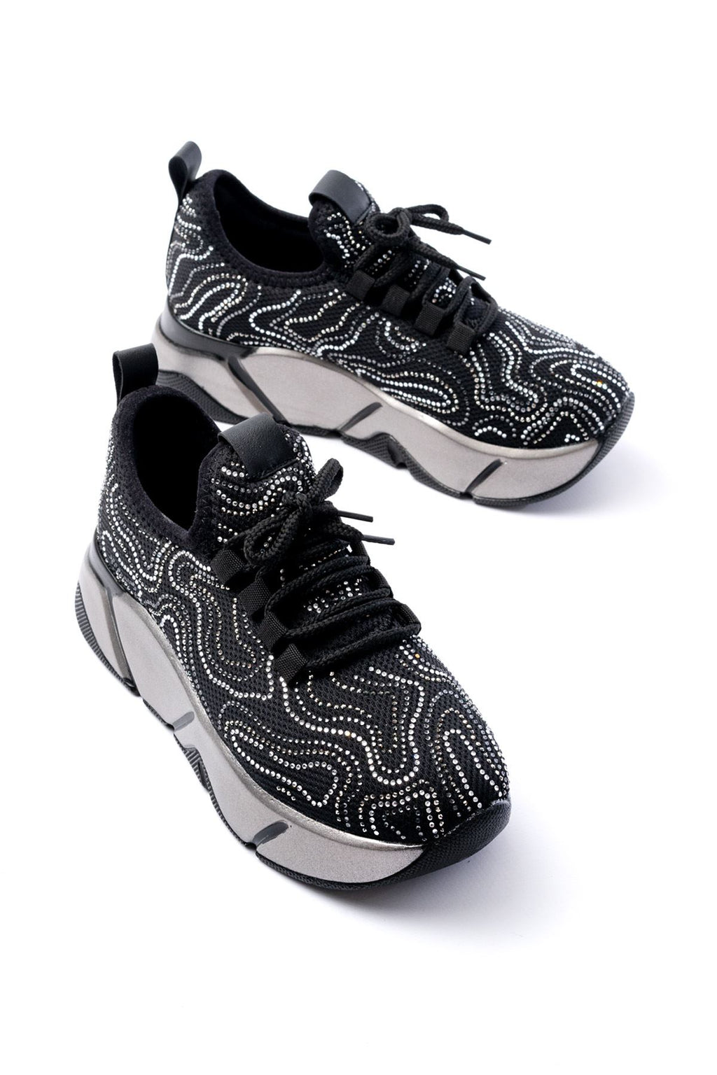 ZRİNRS-402 Premium Siyah Bağcıklı Fileli Taşlı Platin Taban Kadın Sneaker