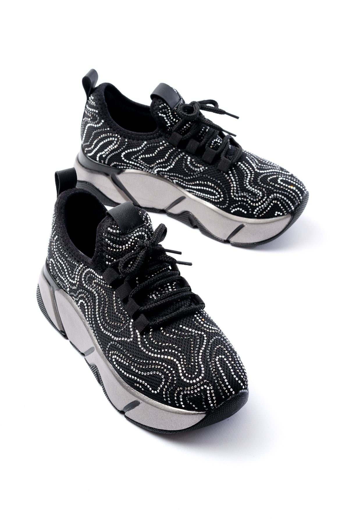 ZRİNRS-402 Premium Siyah Bağcıklı Fileli Taşlı Platin Taban Kadın Sneaker