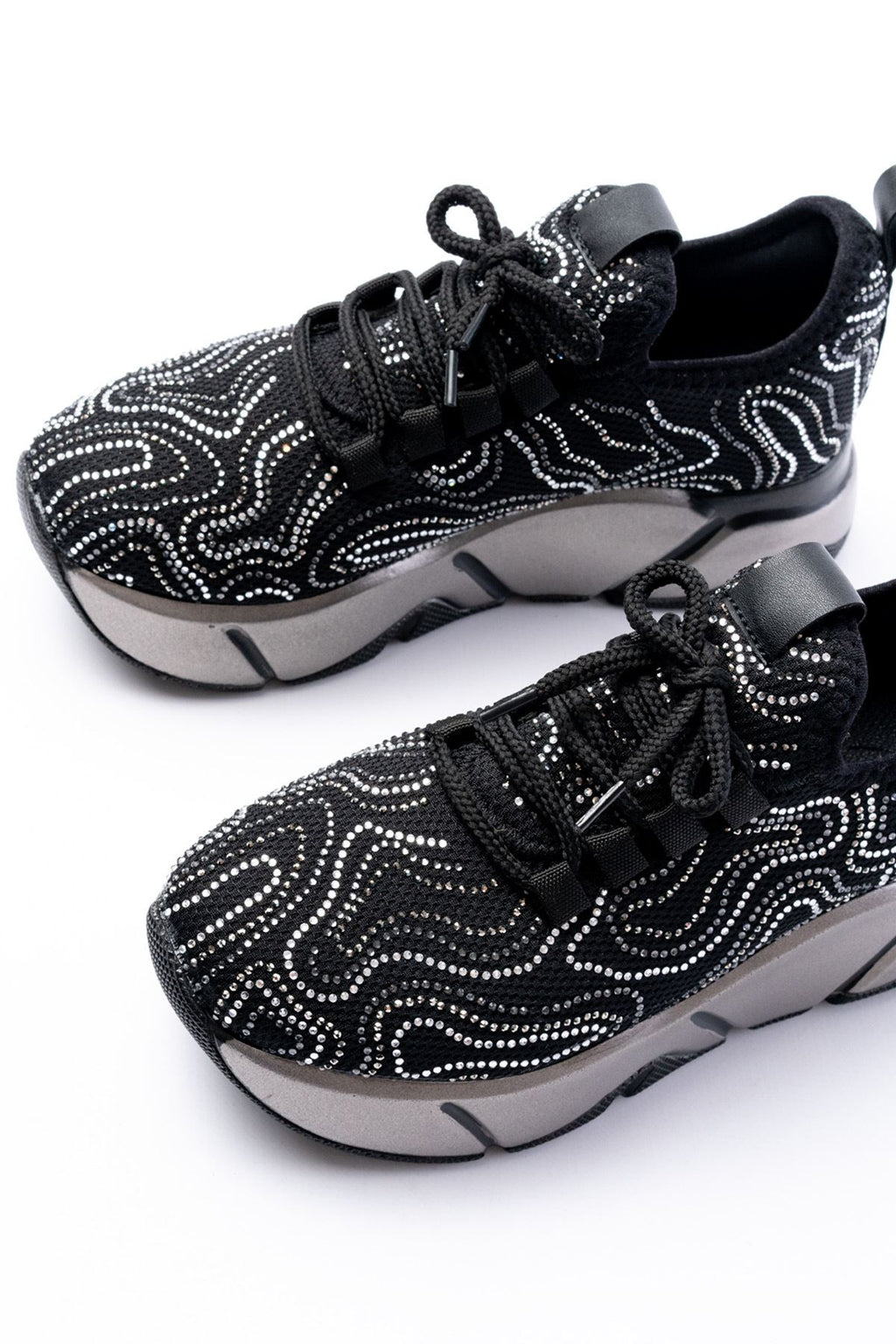 ZRİNRS-402 Premium Siyah Bağcıklı Fileli Taşlı Platin Taban Kadın Sneaker