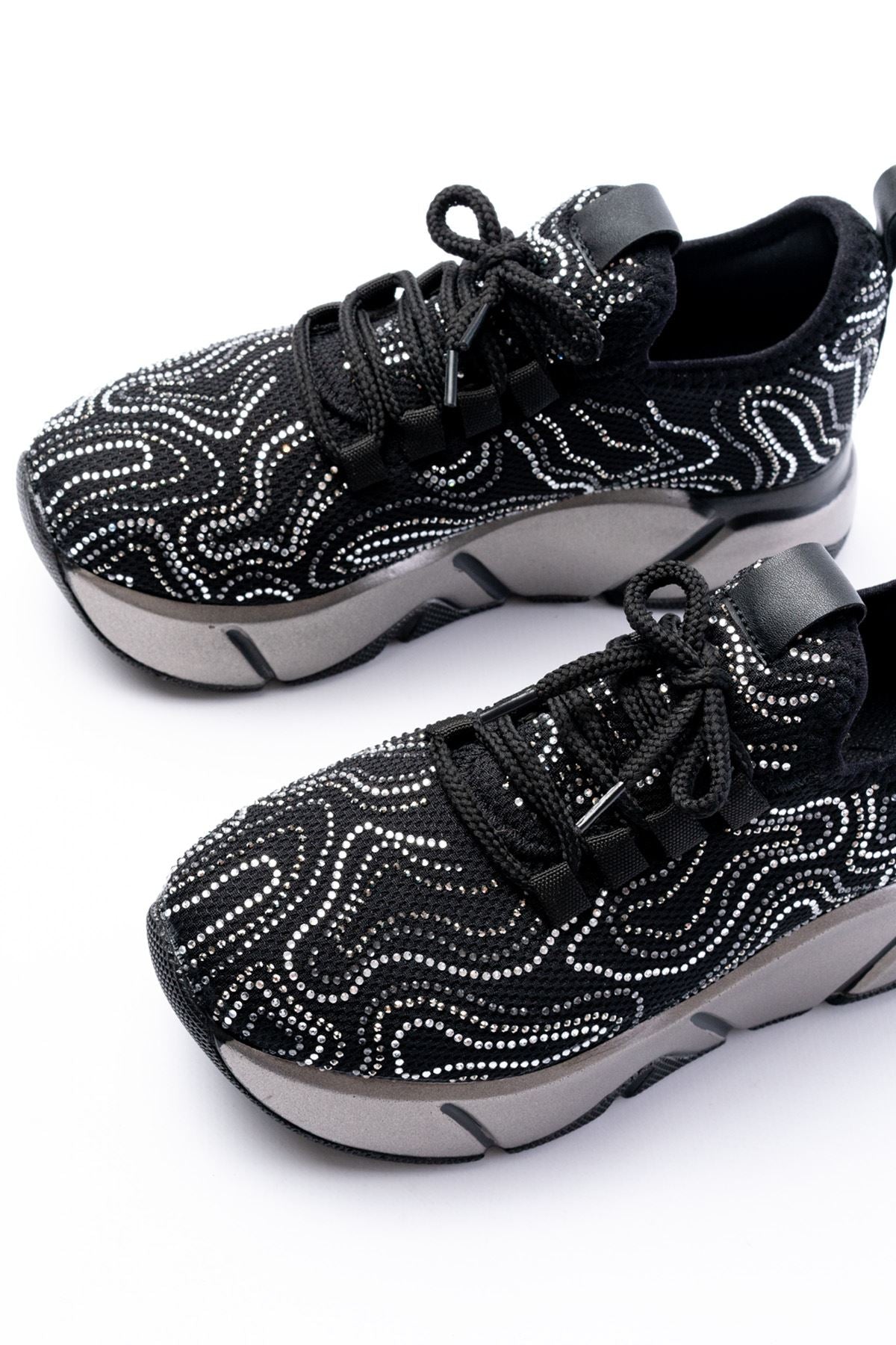 ZRİNRS-402 Premium Siyah Bağcıklı Fileli Taşlı Platin Taban Kadın Sneaker