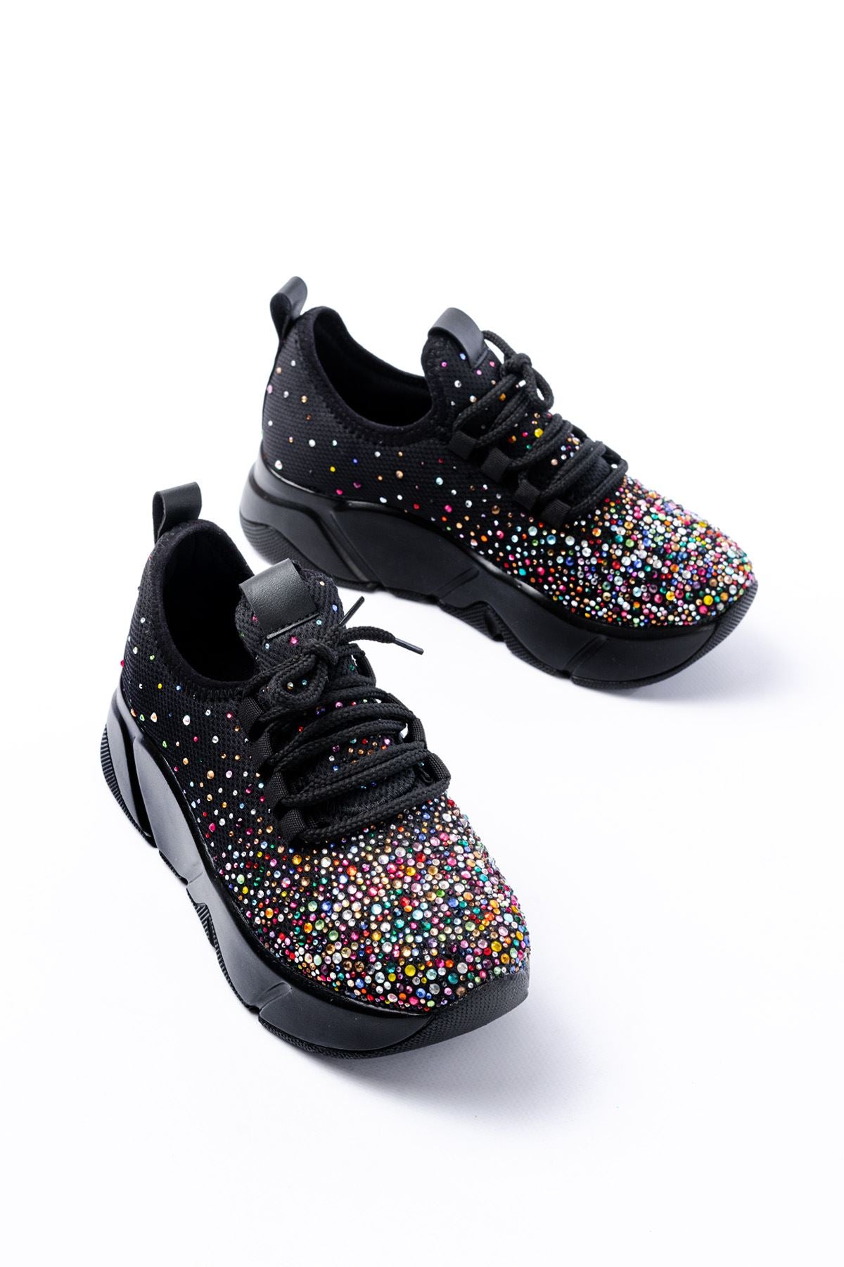 ZRİN-403 Premium Siyah Bağcıklı Fileli Multi Taşlı Kadın Sneaker
