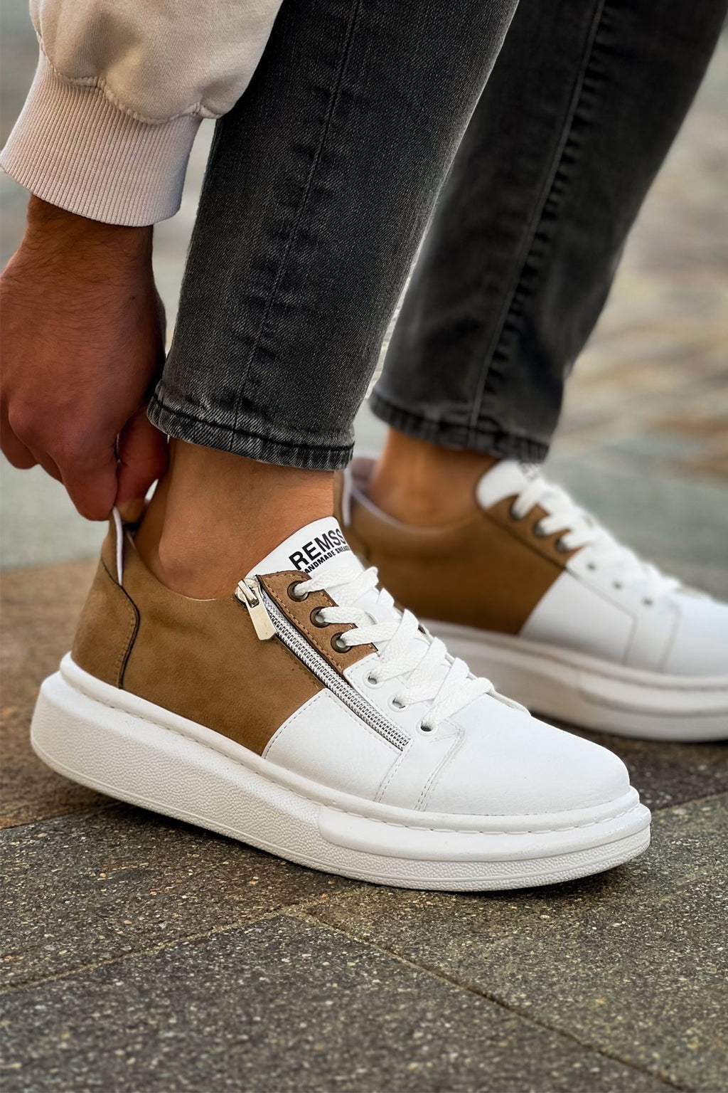 ZRC601 - Lüx Süet Fermuarlı Erkek Sneaker Beyaz Vizon