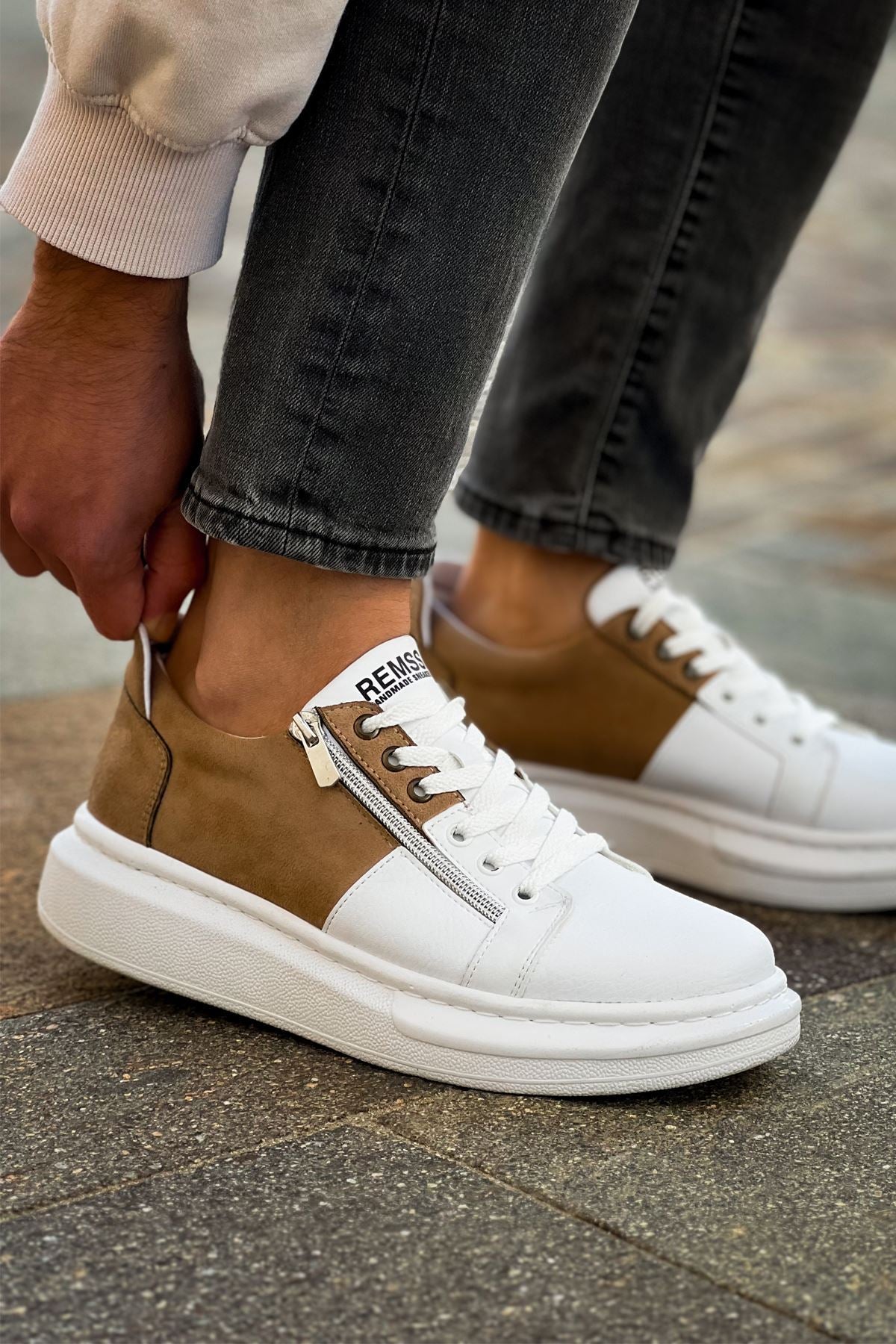 ZRC601 - Lüx Süet Fermuarlı Erkek Sneaker Beyaz Vizon