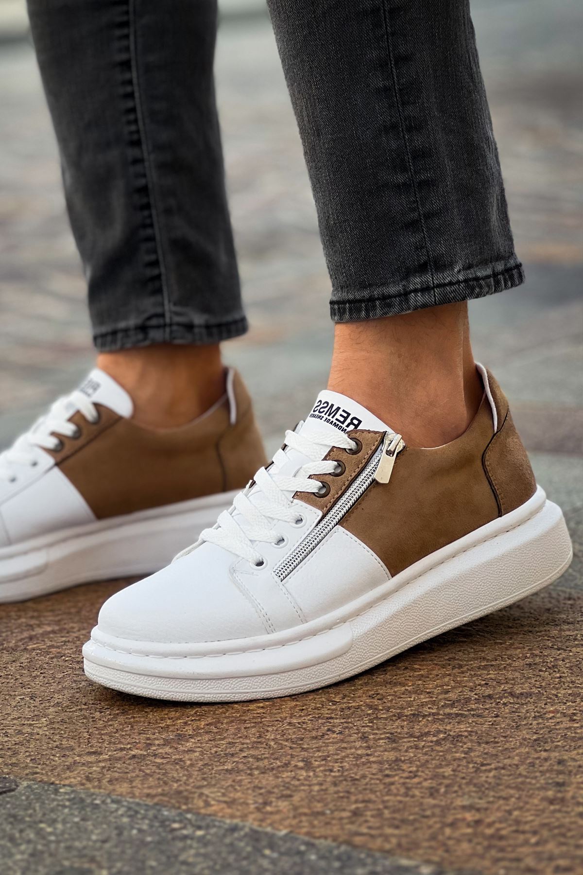 ZRC601 - Lüx Süet Fermuarlı Erkek Sneaker Beyaz Vizon