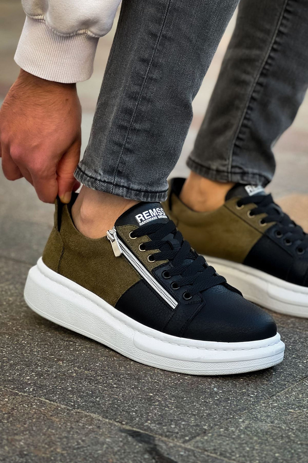 ZRC601 - Lüx Süet Fermuarlı Erkek Sneaker Siyah Haki