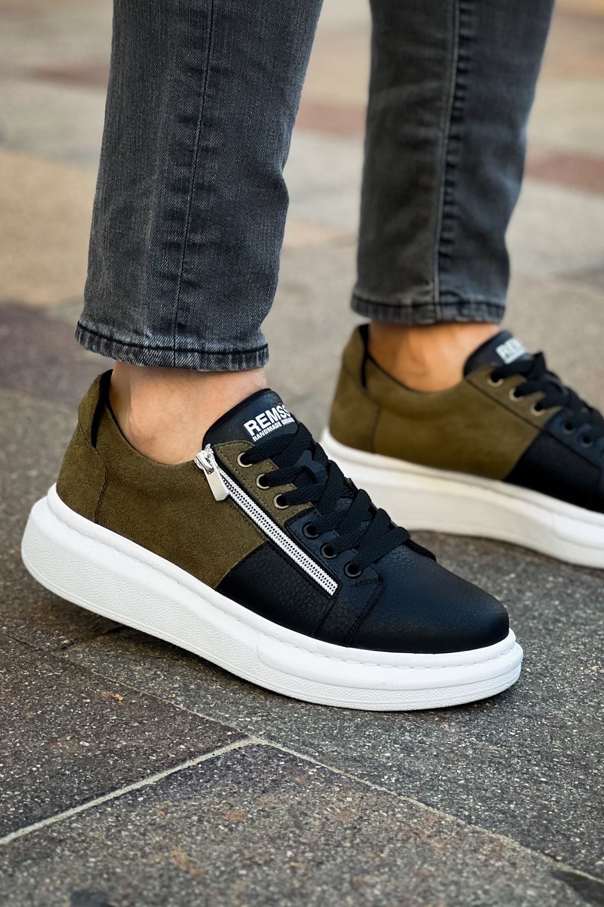 ZRC601 - Lüx Süet Fermuarlı Erkek Sneaker Siyah Haki