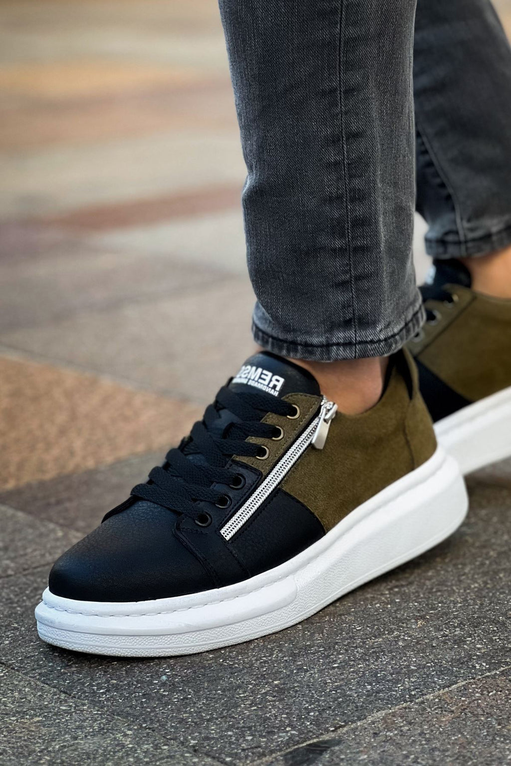 ZRC601 - Lüx Süet Fermuarlı Erkek Sneaker Siyah Haki