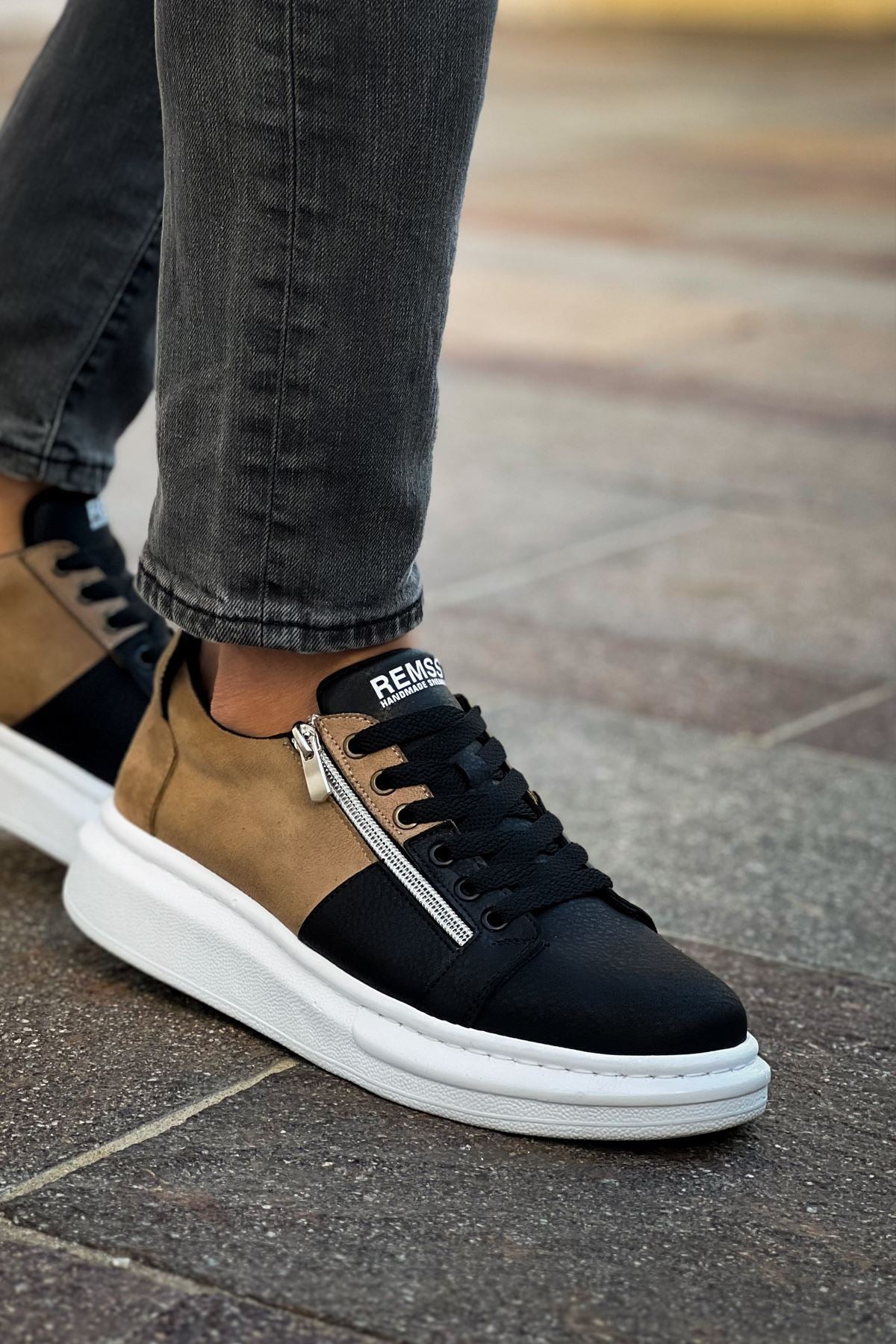ZRC601 - Lüx Süet Fermuarlı Erkek Sneaker Siyah Vizon