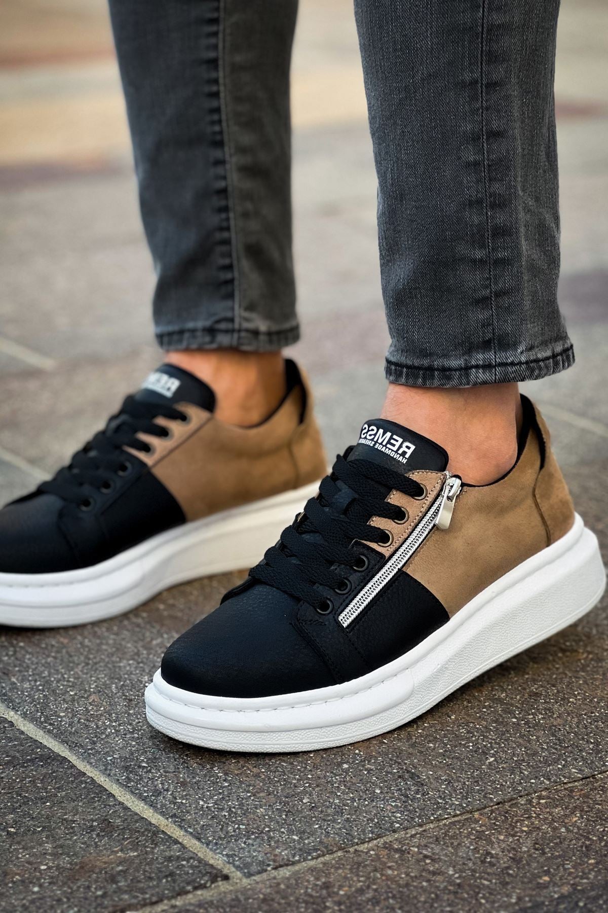 ZRC601 - Lüx Süet Fermuarlı Erkek Sneaker Siyah Vizon