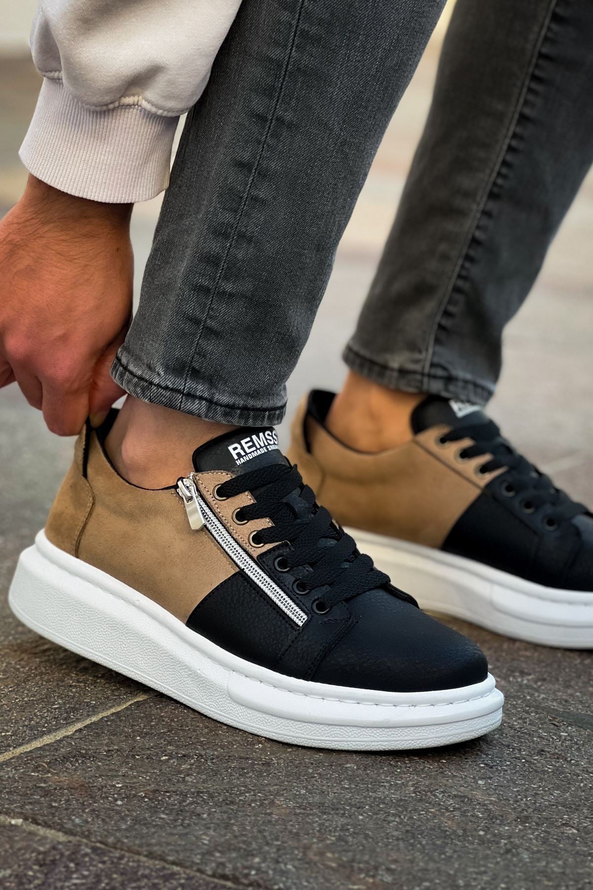 ZRC601 - Lüx Süet Fermuarlı Erkek Sneaker Siyah Vizon