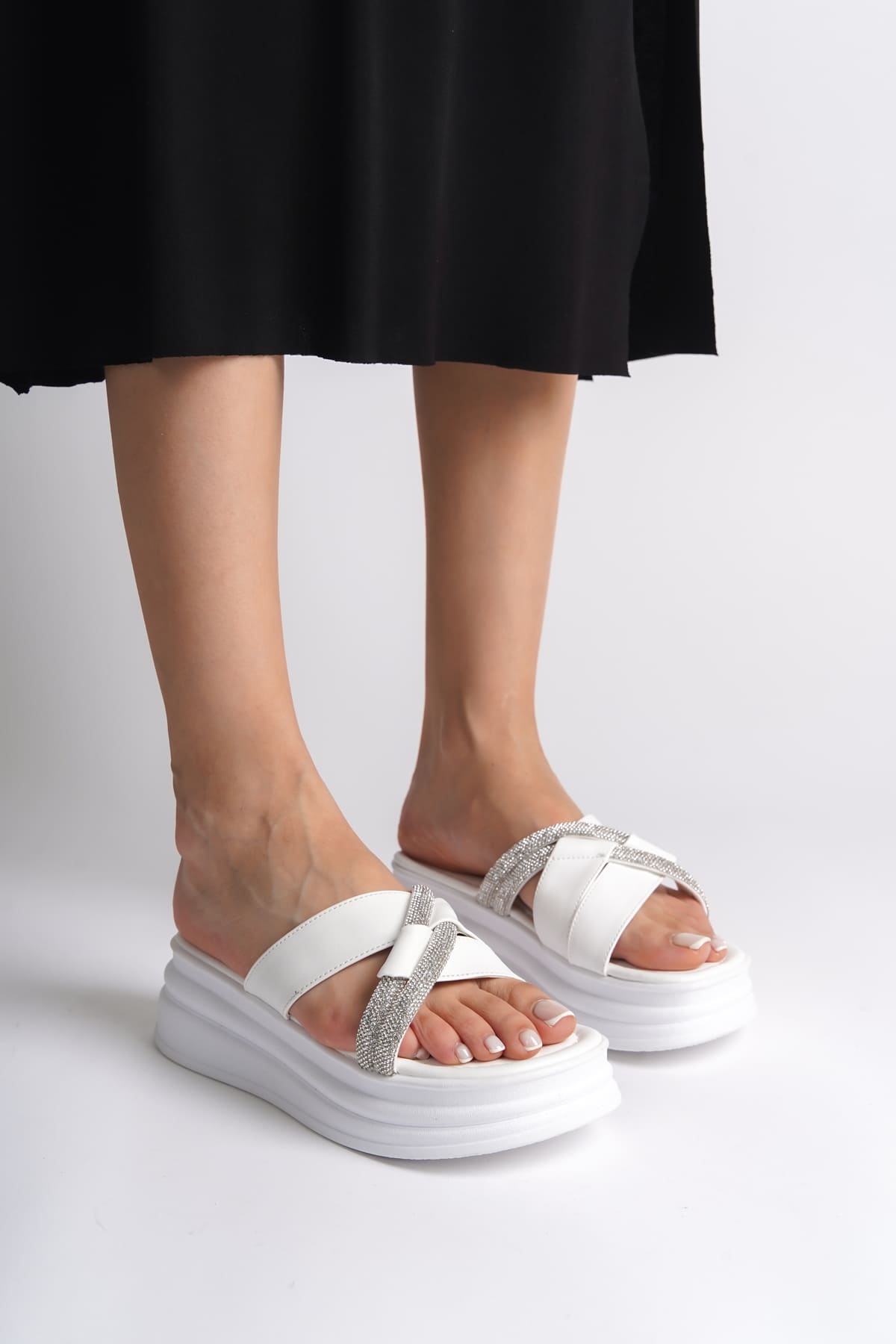 RUBIANA Stone Cross Striped Thick and Orthopedic Sole Women's White Slippers