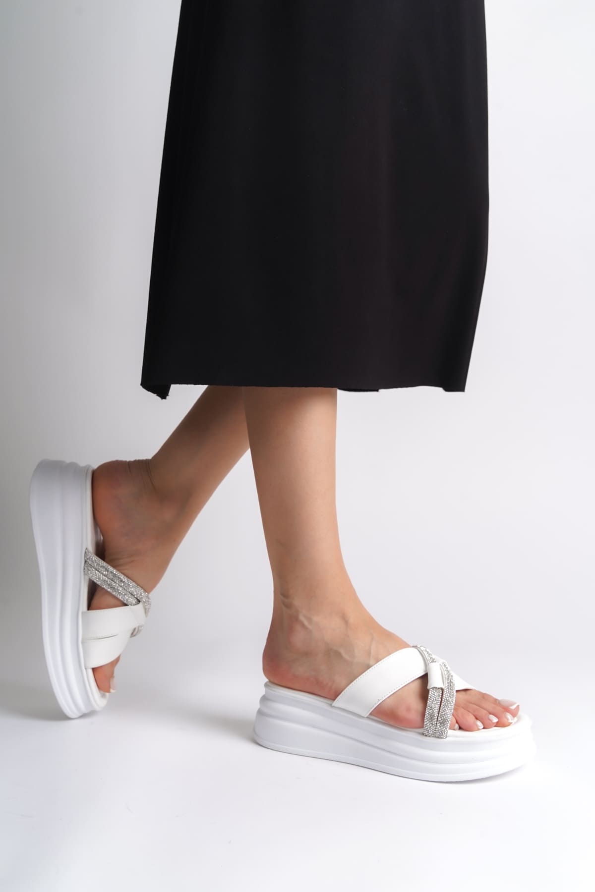 RUBIANA Stone Cross Striped Thick and Orthopedic Sole Women's White Slippers