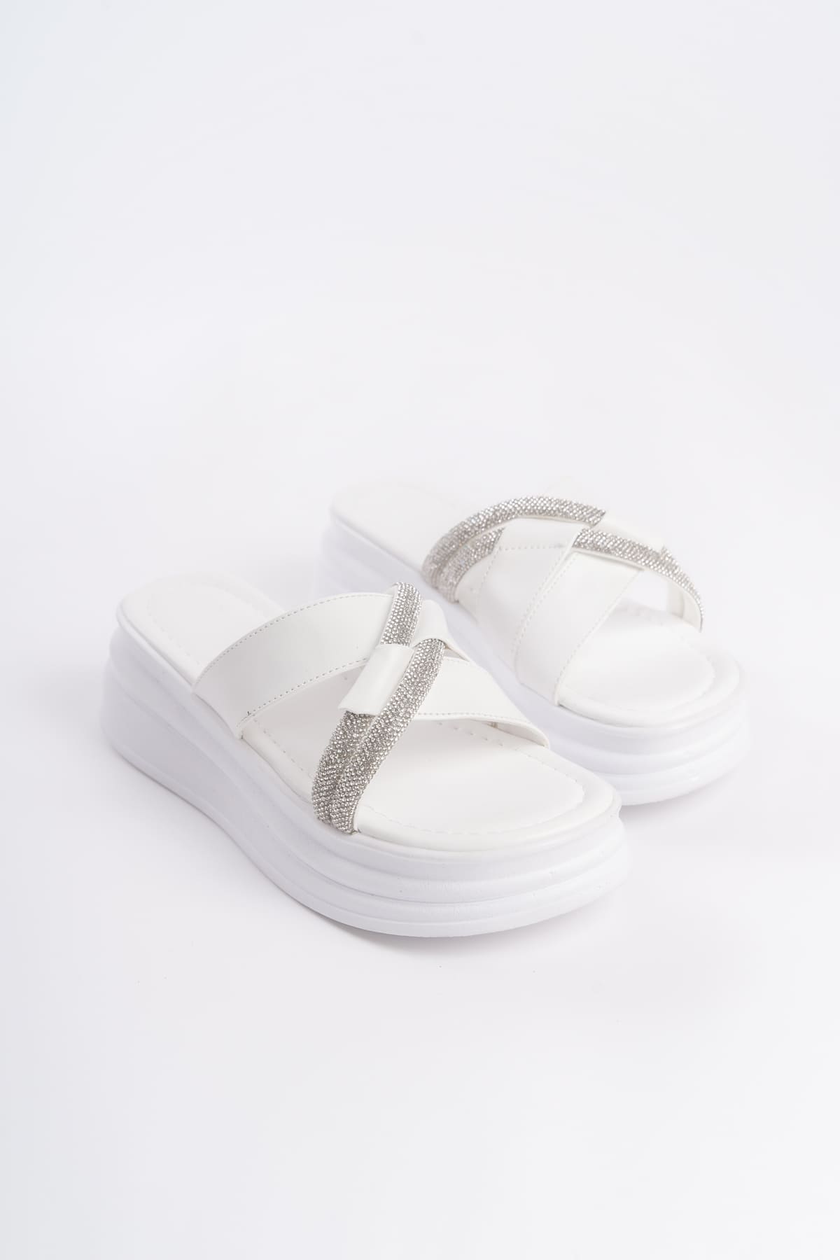 RUBIANA Stone Cross Striped Thick and Orthopedic Sole Women's White Slippers