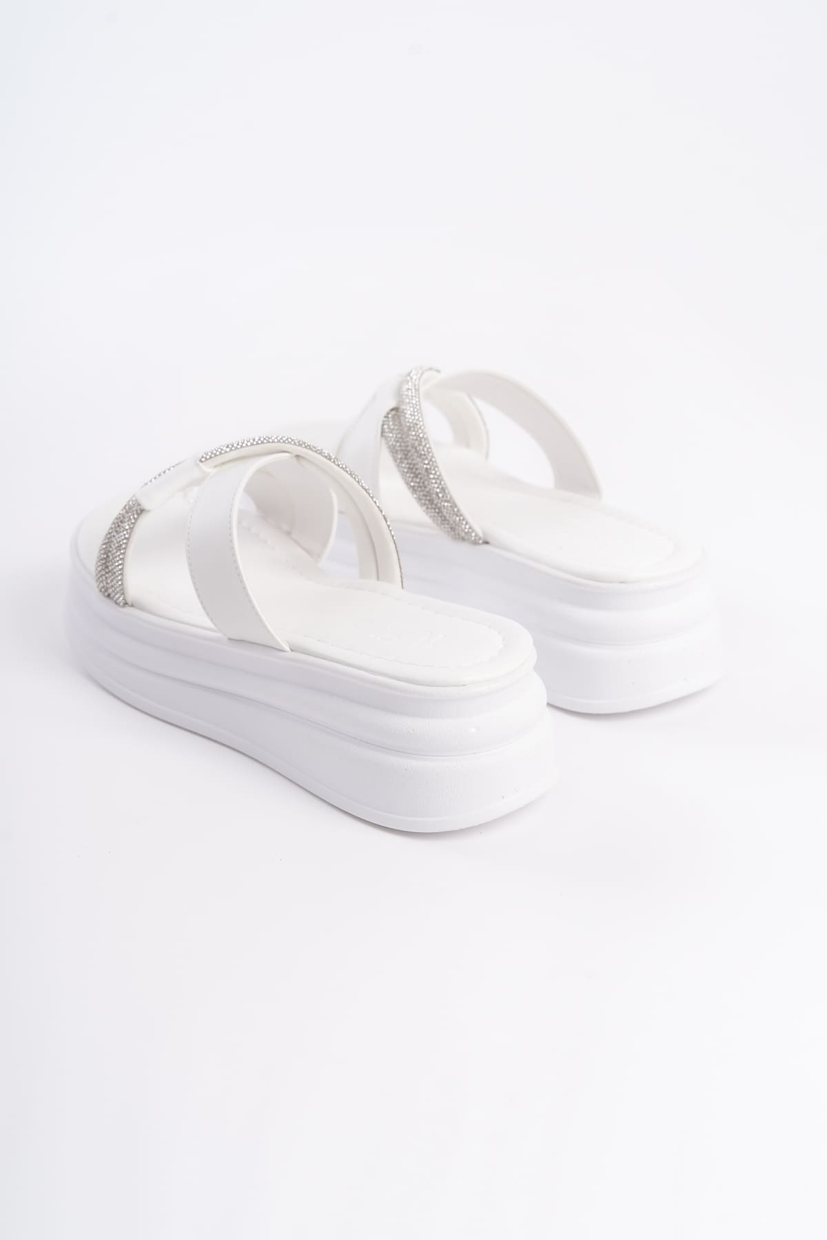 RUBIANA Stone Cross Striped Thick and Orthopedic Sole Women's White Slippers