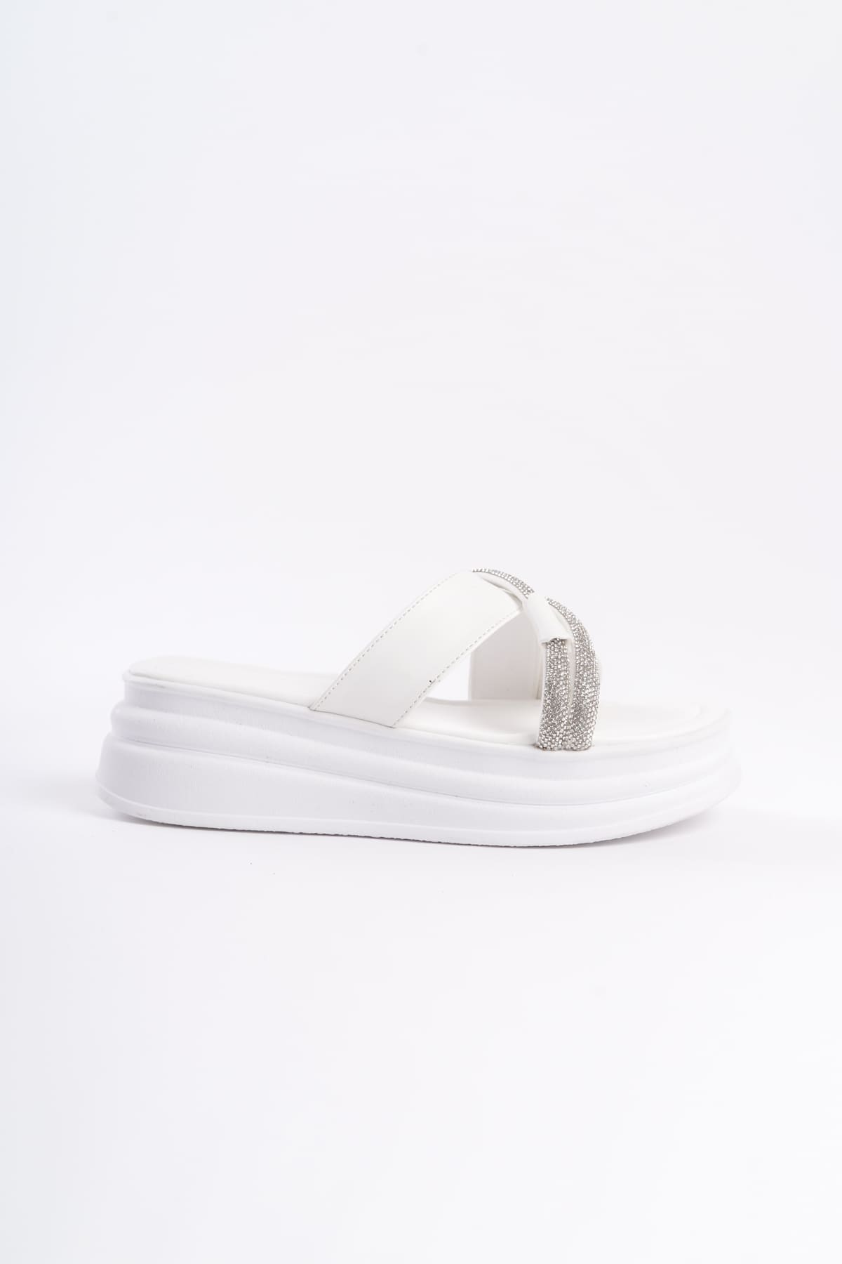 RUBIANA Stone Cross Striped Thick and Orthopedic Sole Women's White Slippers