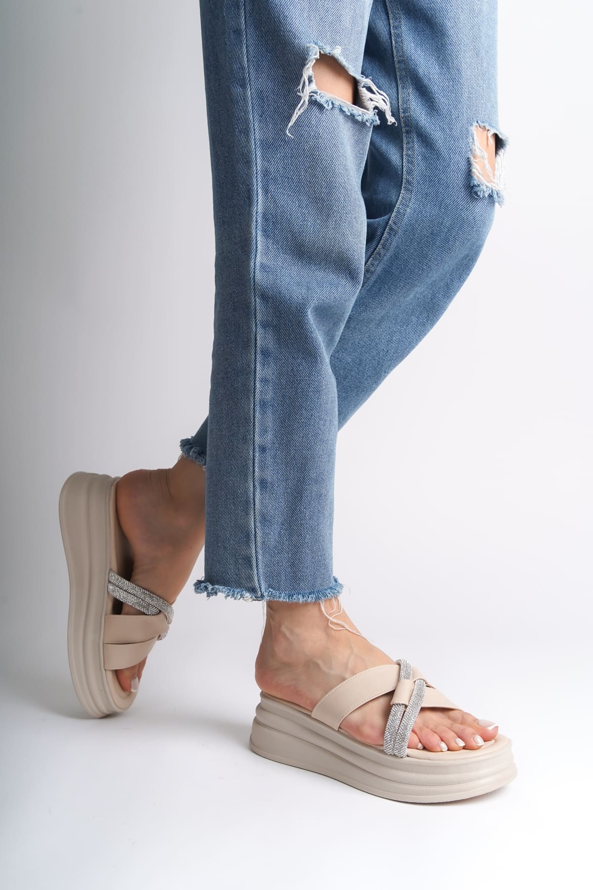 RUBIANA Women's Cream Slippers with Stoned Cross Stripes and Thick and Orthopedic Soles