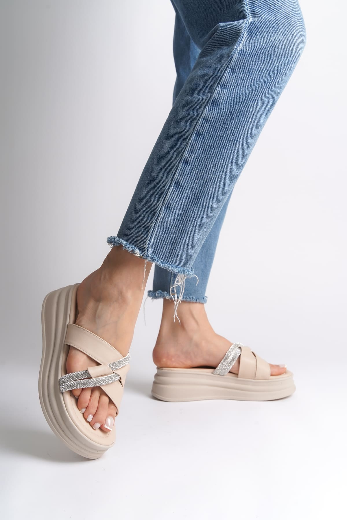 RUBIANA Women's Cream Slippers with Stoned Cross Stripes and Thick and Orthopedic Soles