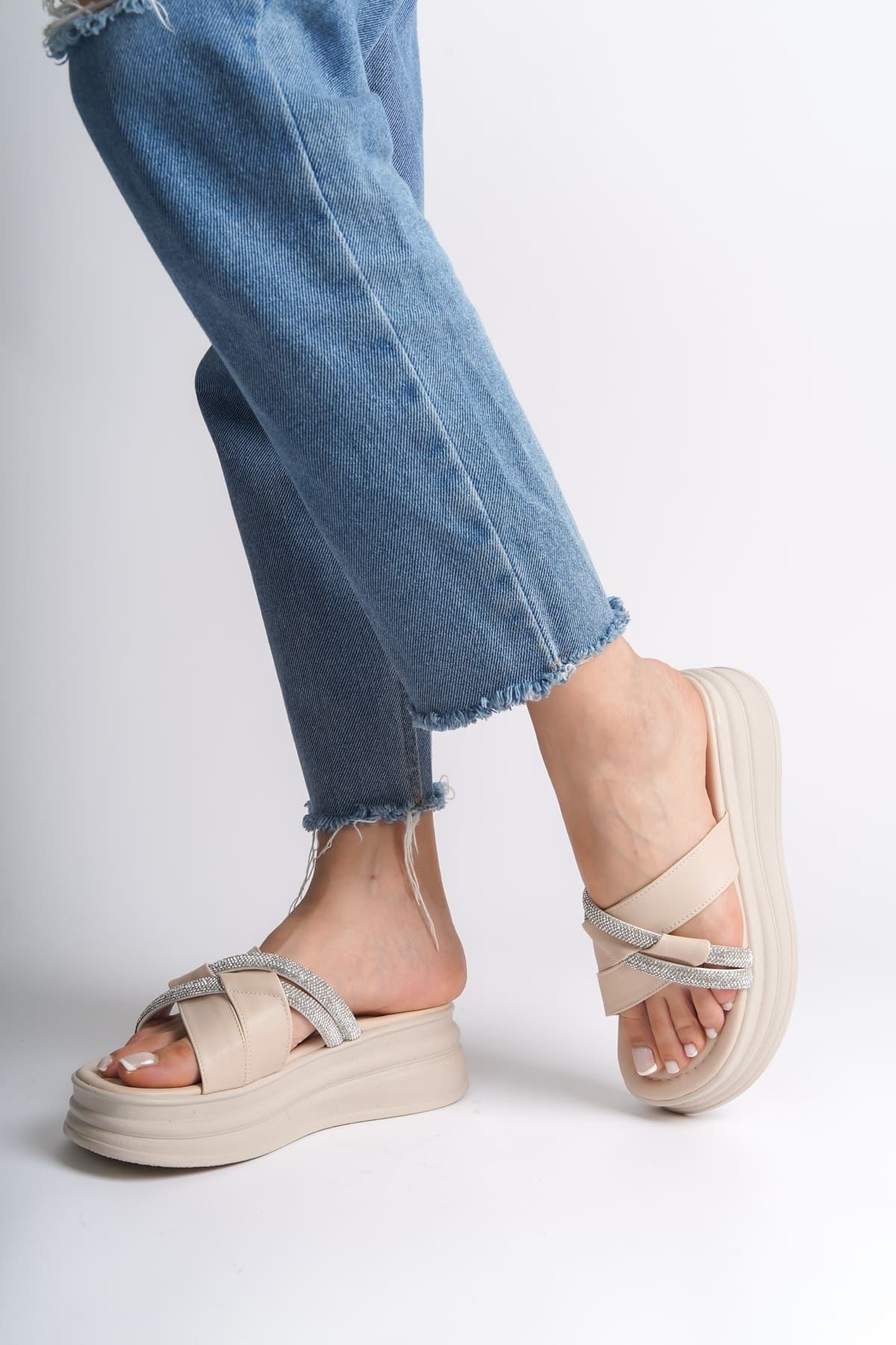 RUBIANA Women's Cream Slippers with Stoned Cross Stripes and Thick and Orthopedic Soles