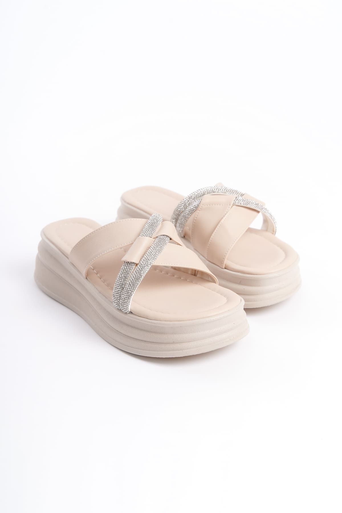 RUBIANA Women's Cream Slippers with Stoned Cross Stripes and Thick and Orthopedic Soles