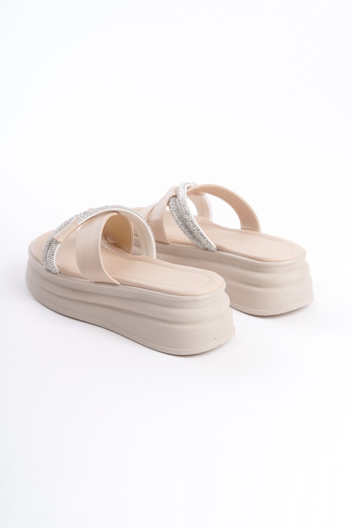 RUBIANA Women's Cream Slippers with Stoned Cross Stripes and Thick and Orthopedic Soles