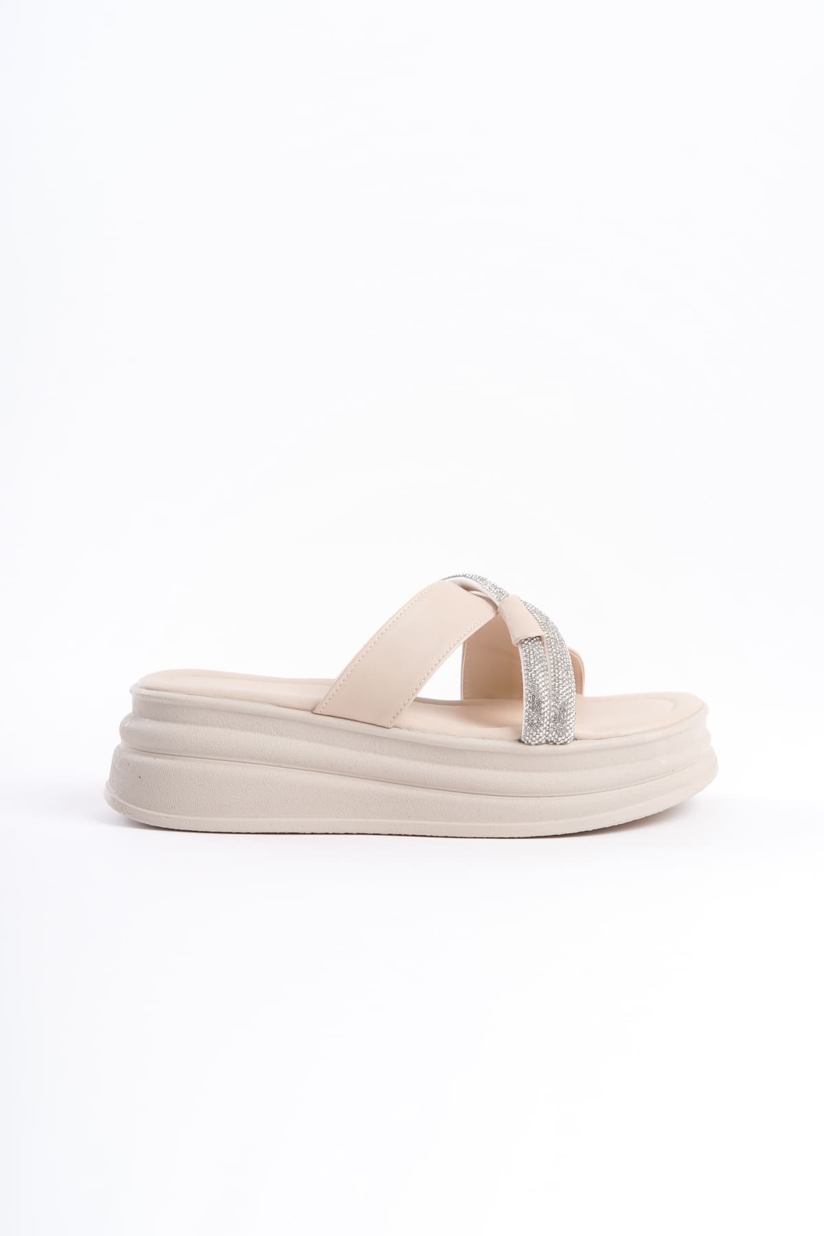 RUBIANA Women's Cream Slippers with Stoned Cross Stripes and Thick and Orthopedic Soles