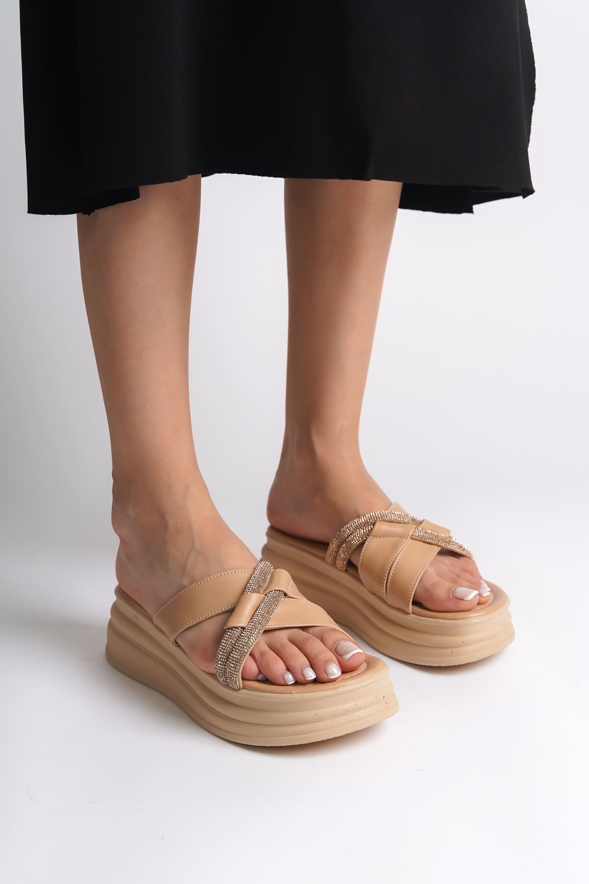 RUBIANA Stone Cross Striped Thick and Orthopedic Sole Women's Ten Slippers